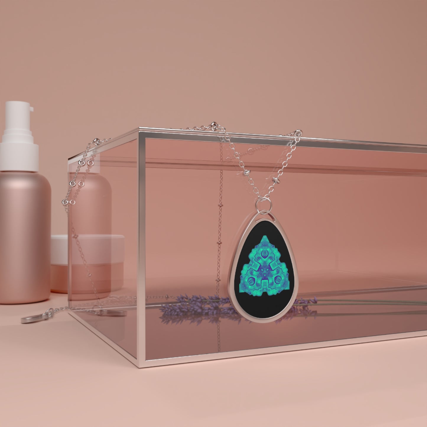 Teal Geo Mandala Oval Necklace — Silver Pendant Jewelry