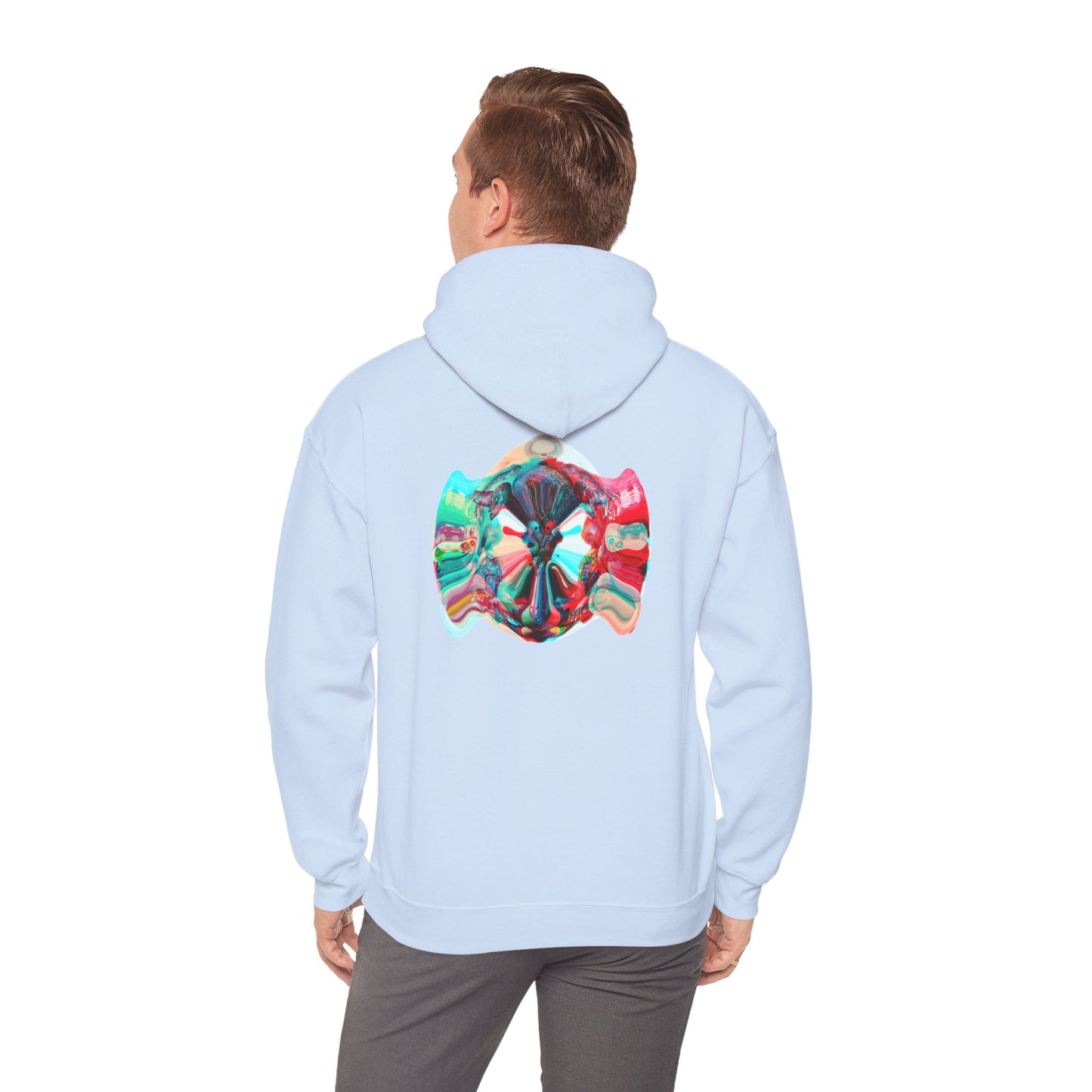 Hoodie — AMRU Minimal Front Logo & Colorful Abstract Back Art