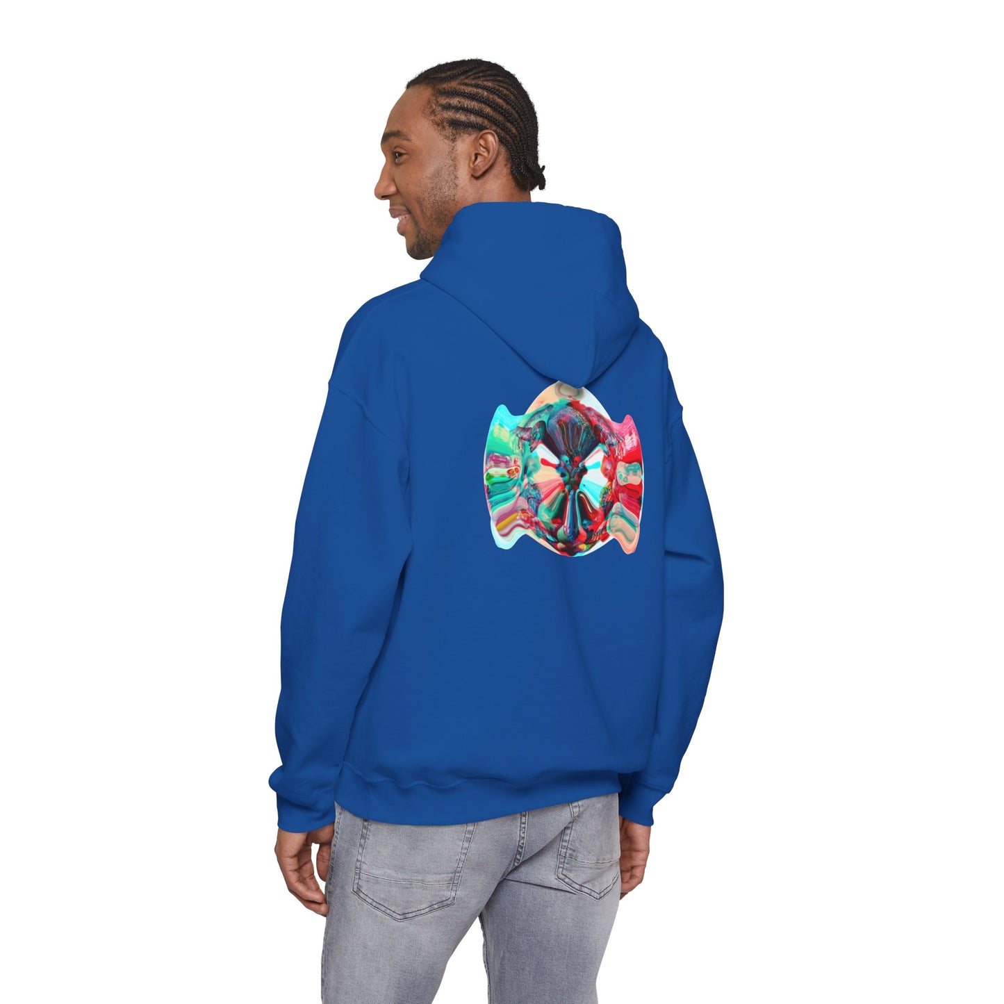 Hoodie — AMRU Minimal Front Logo & Colorful Abstract Back Art