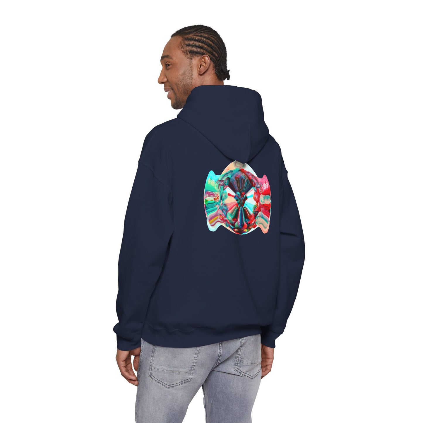 Hoodie — AMRU Minimal Front Logo & Colorful Abstract Back Art