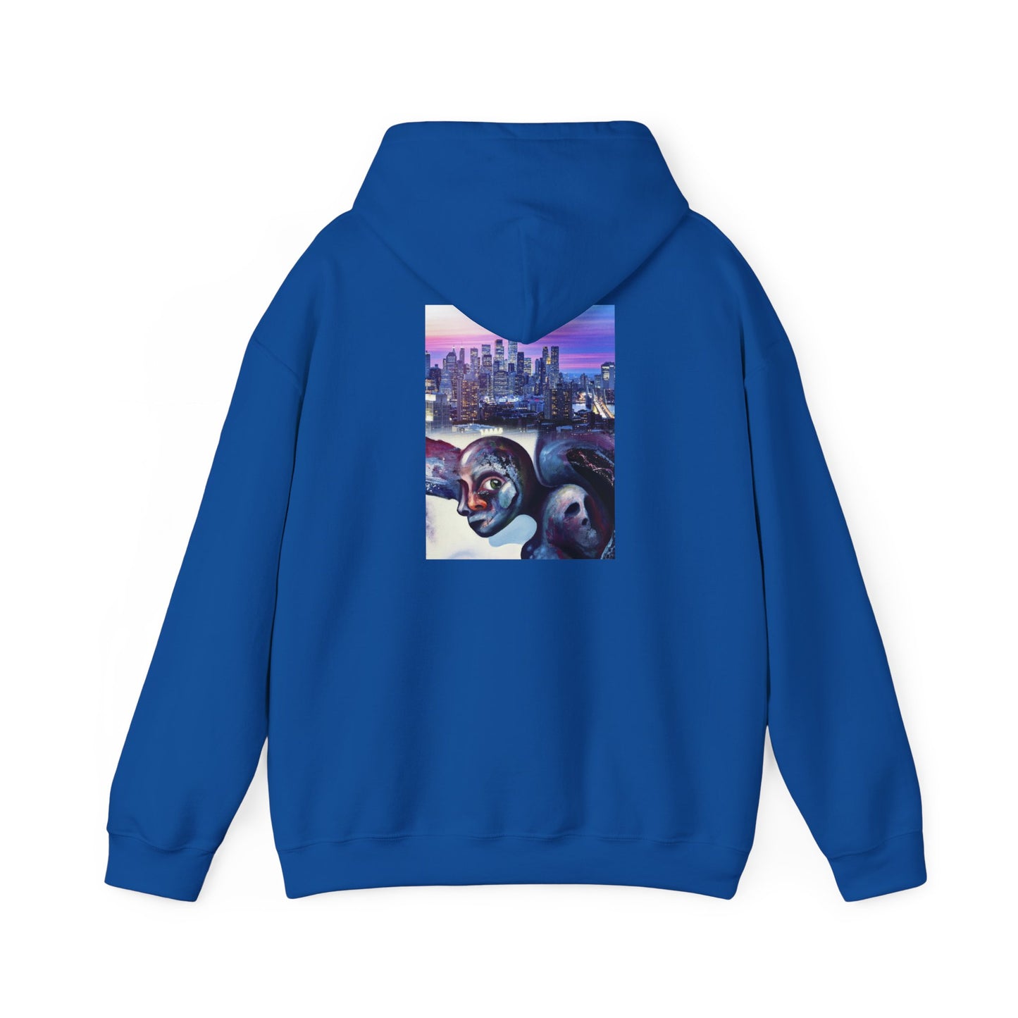 AMRU Minimal Front Logo Hoodie with Surreal Cityscape Back Graphic