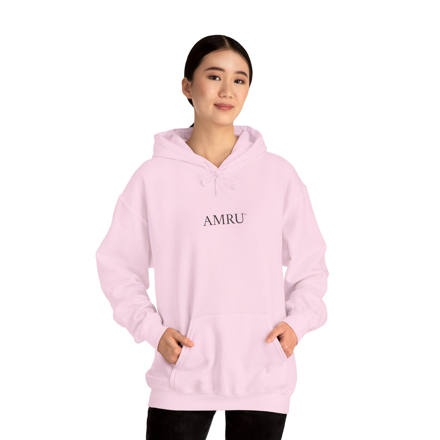 AMRU Minimal Front Logo Hoodie with Surreal Cityscape Back Graphic