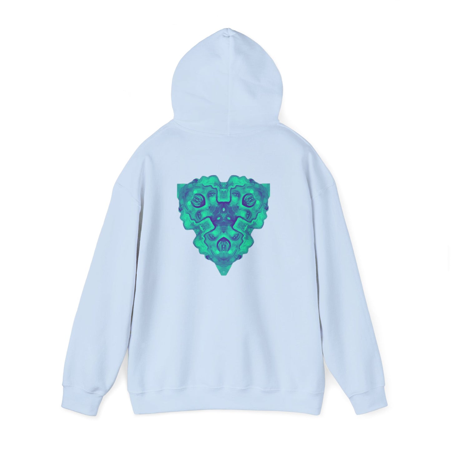 AMRU Minimal Logo Hoodie — Geometric Teal Mandala Back Graphic