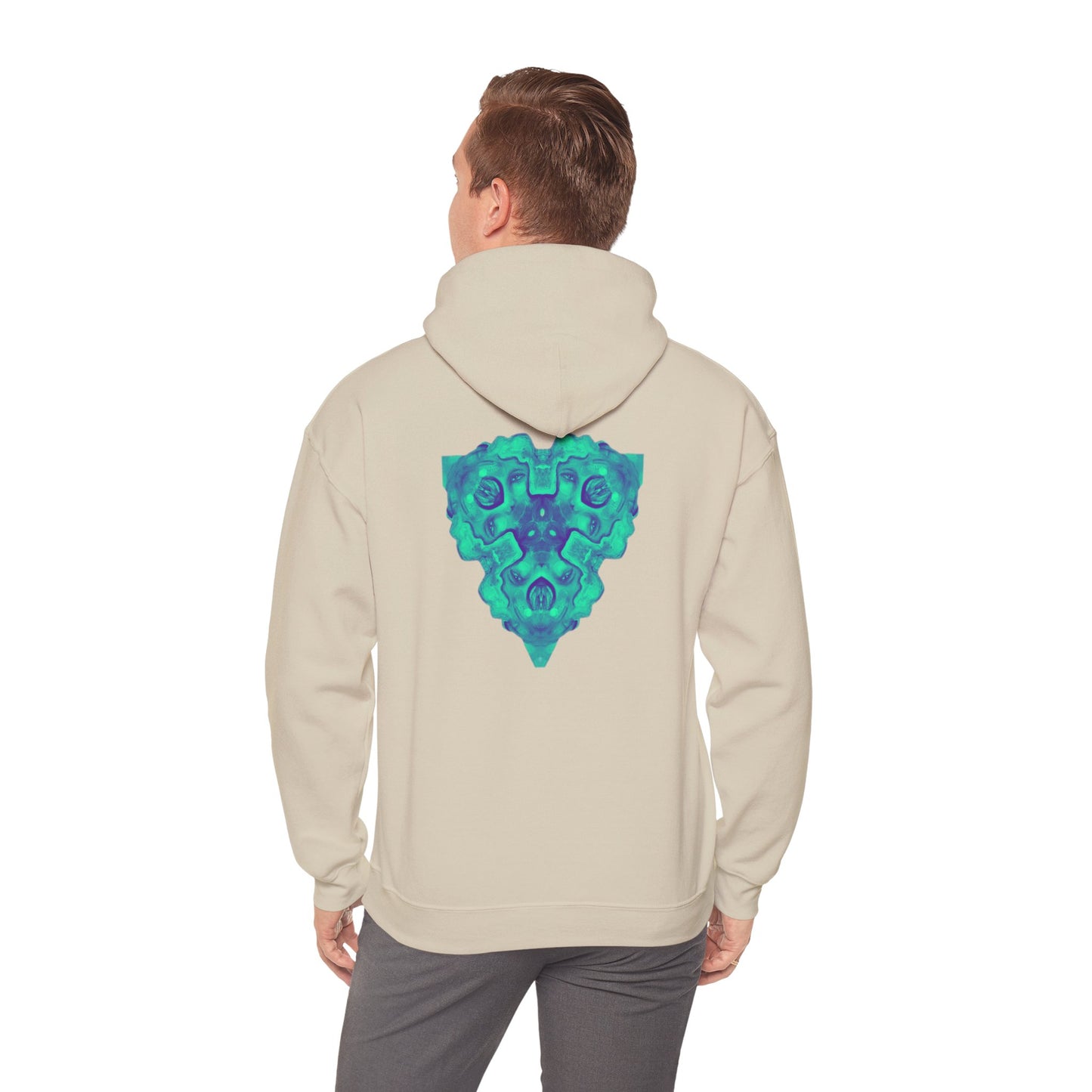 AMRU Minimal Logo Hoodie — Geometric Teal Mandala Back Graphic