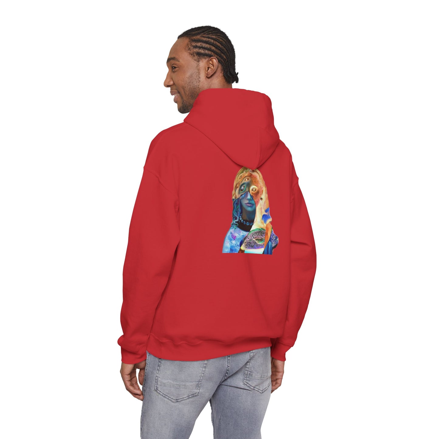 Surreal Portrait Hoodie — 'AMRU' Minimal Front, Colorful Cosmic Back Art