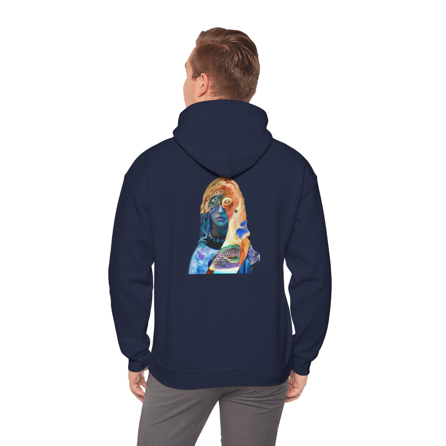 Surreal Portrait Hoodie — 'AMRU' Minimal Front, Colorful Cosmic Back Art