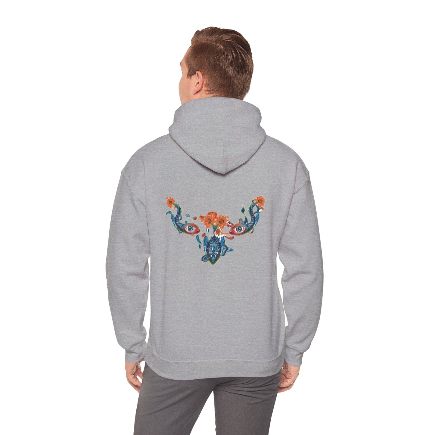Floral Vine AMRU Hoodie — Minimal Logo Front, Embroidered Floral Back Sweatshirt