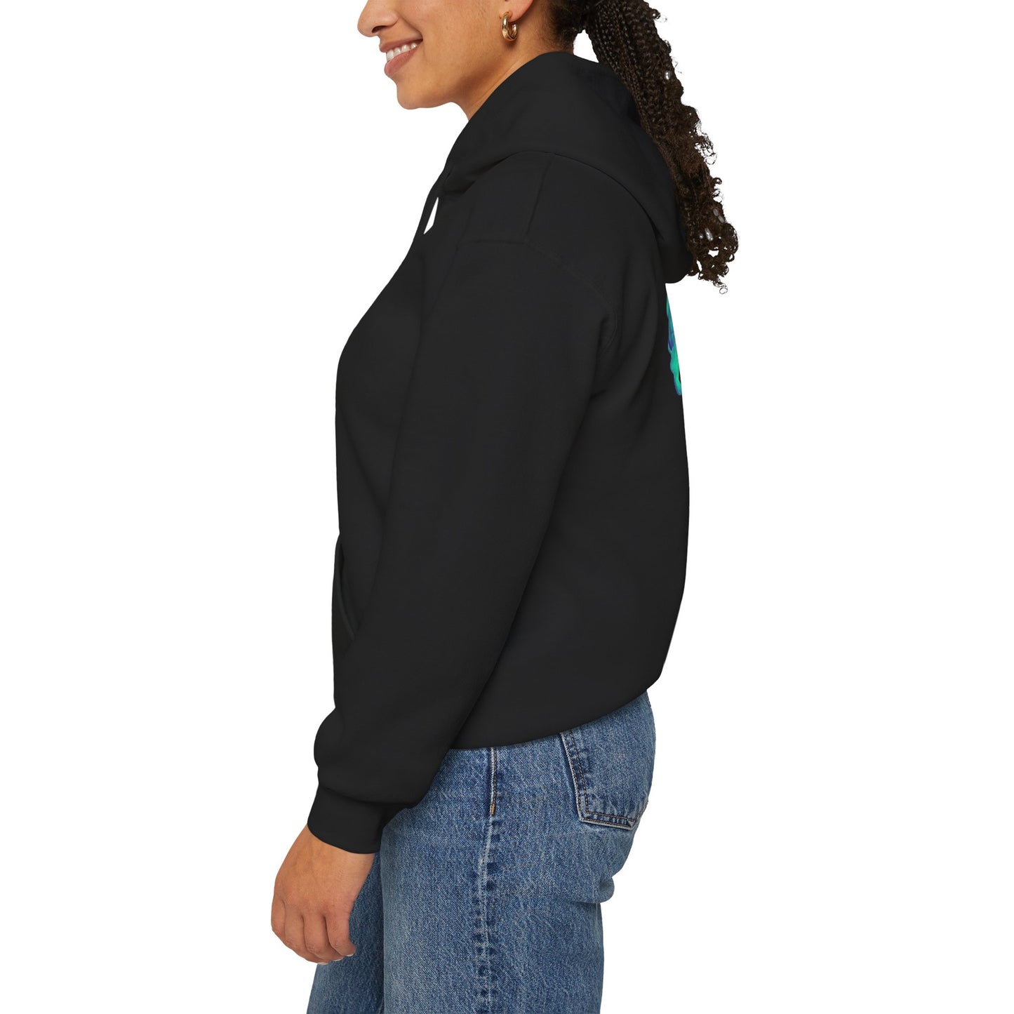 AMRU Minimal Logo Hoodie — Geometric Teal Mandala Back Graphic