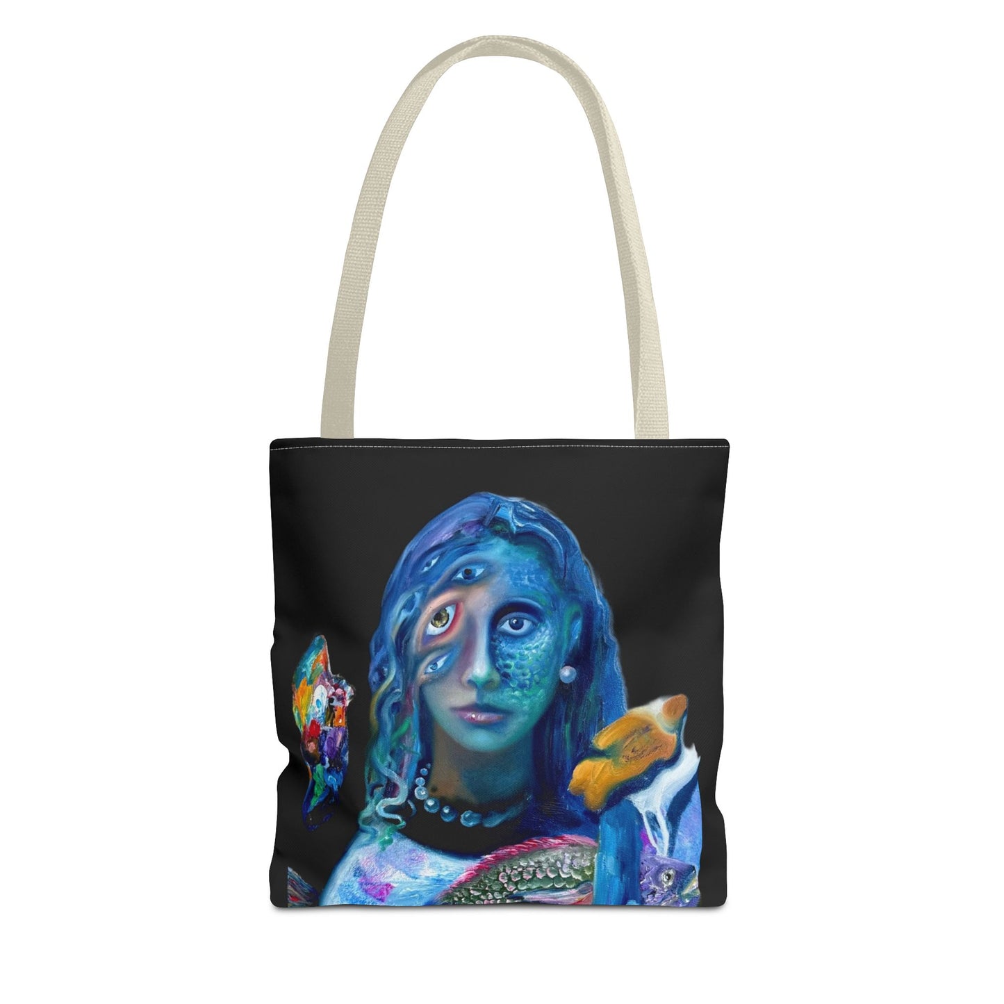Psychedelic Mermaid Tote Bag – Surreal Three-Eyed Ocean Portrait All-Over Print