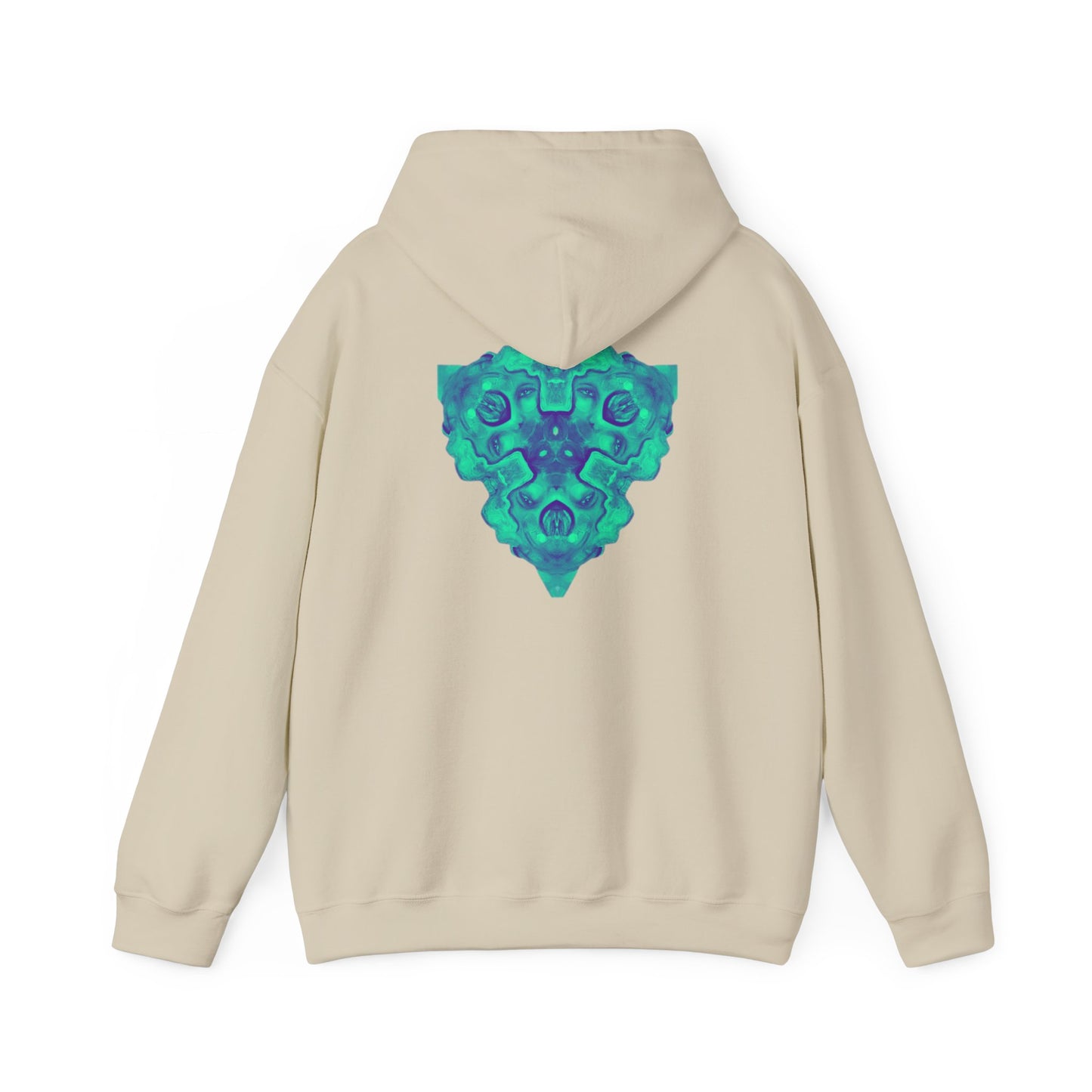 AMRU Minimal Logo Hoodie — Geometric Teal Mandala Back Graphic