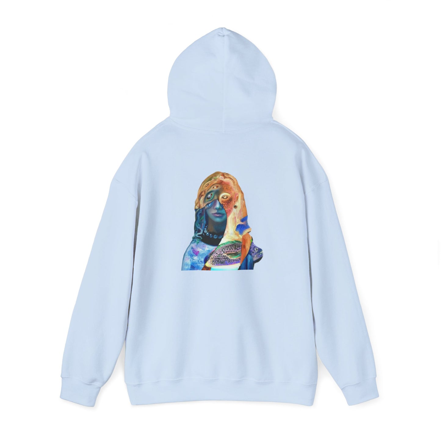 Surreal Portrait Hoodie — 'AMRU' Minimal Front, Colorful Cosmic Back Art