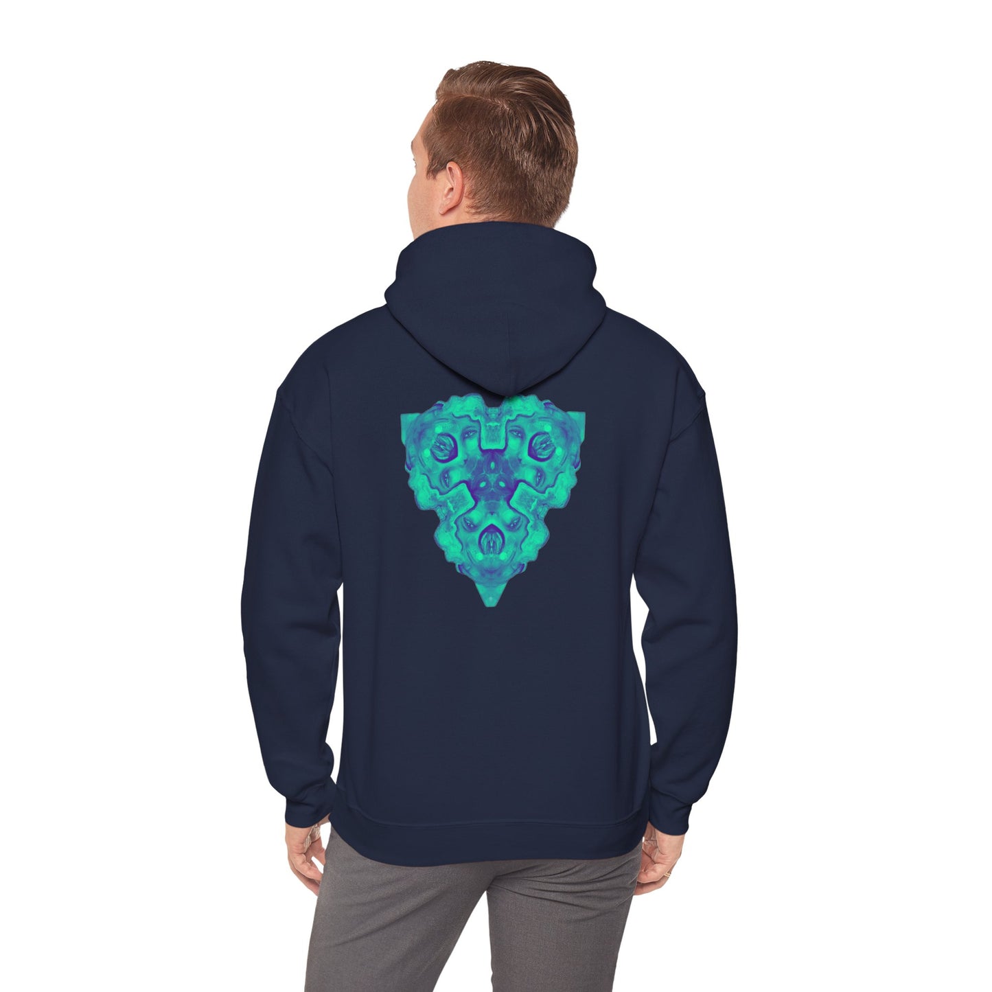AMRU Minimal Logo Hoodie — Geometric Teal Mandala Back Graphic