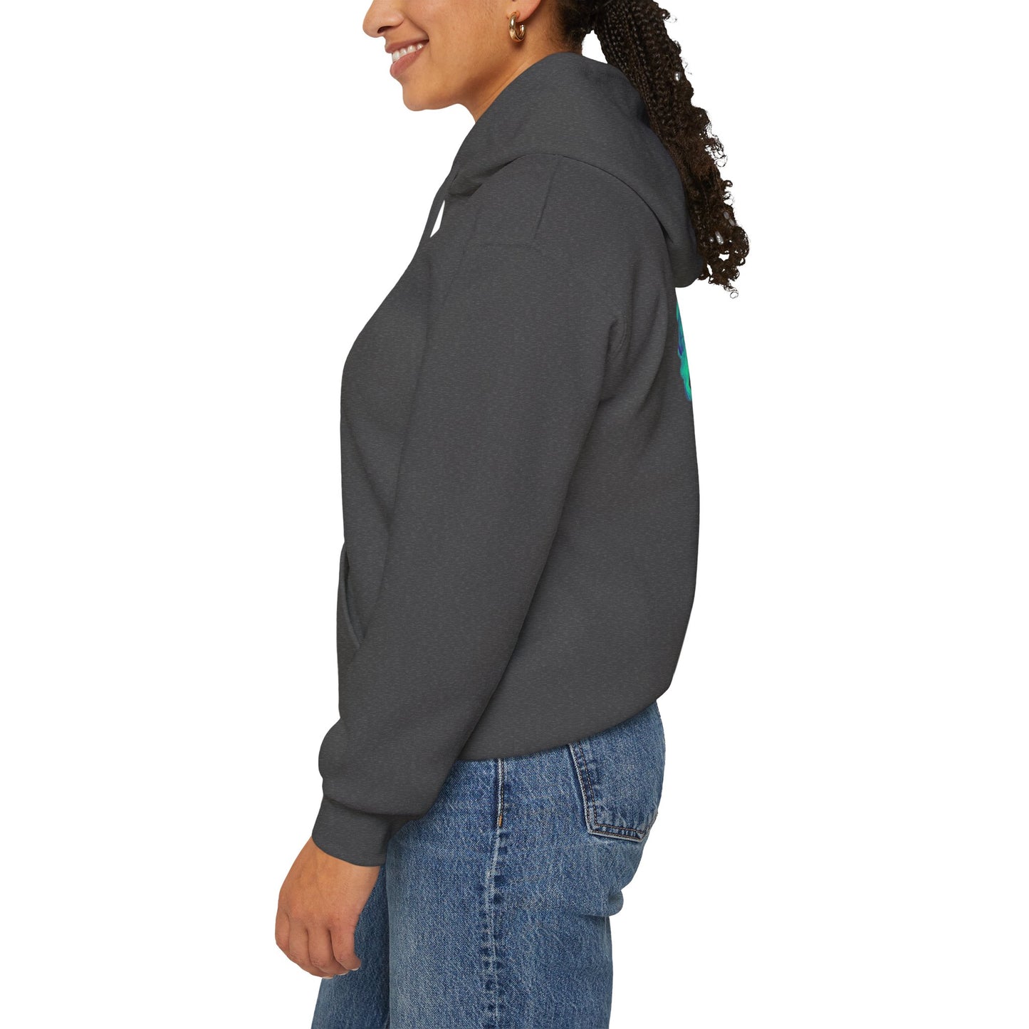 AMRU Minimal Logo Hoodie — Geometric Teal Mandala Back Graphic