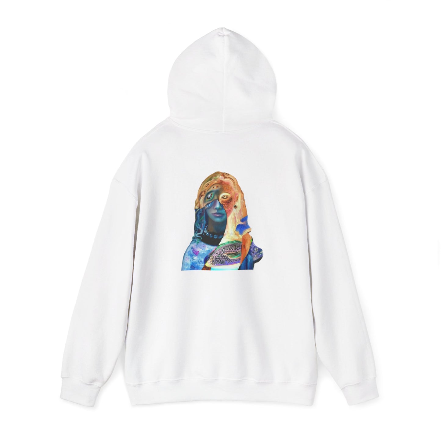 Surreal Portrait Hoodie — 'AMRU' Minimal Front, Colorful Cosmic Back Art