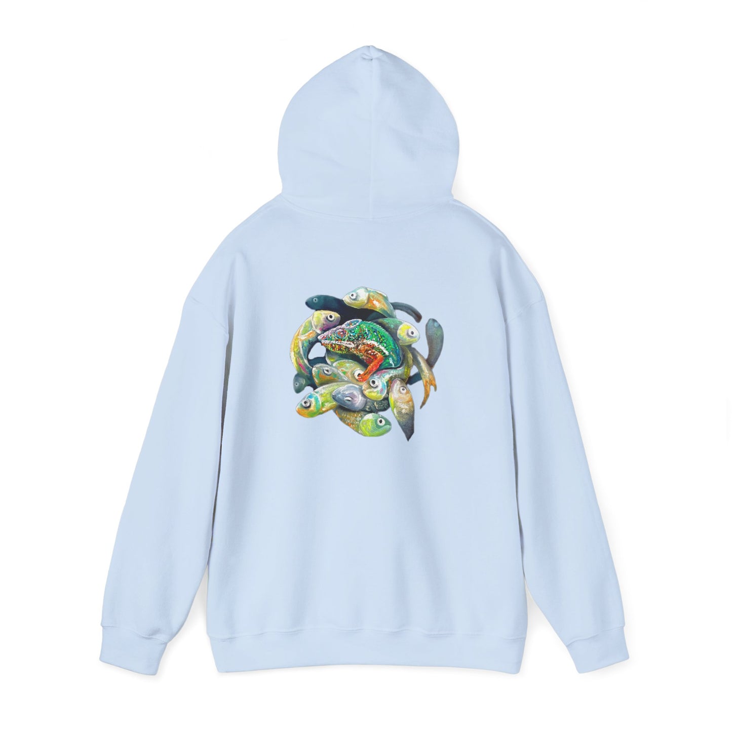 Fish Ring Hoodie – AMRU Minimal Front Logo Pullover with Colorful Koi Back Art