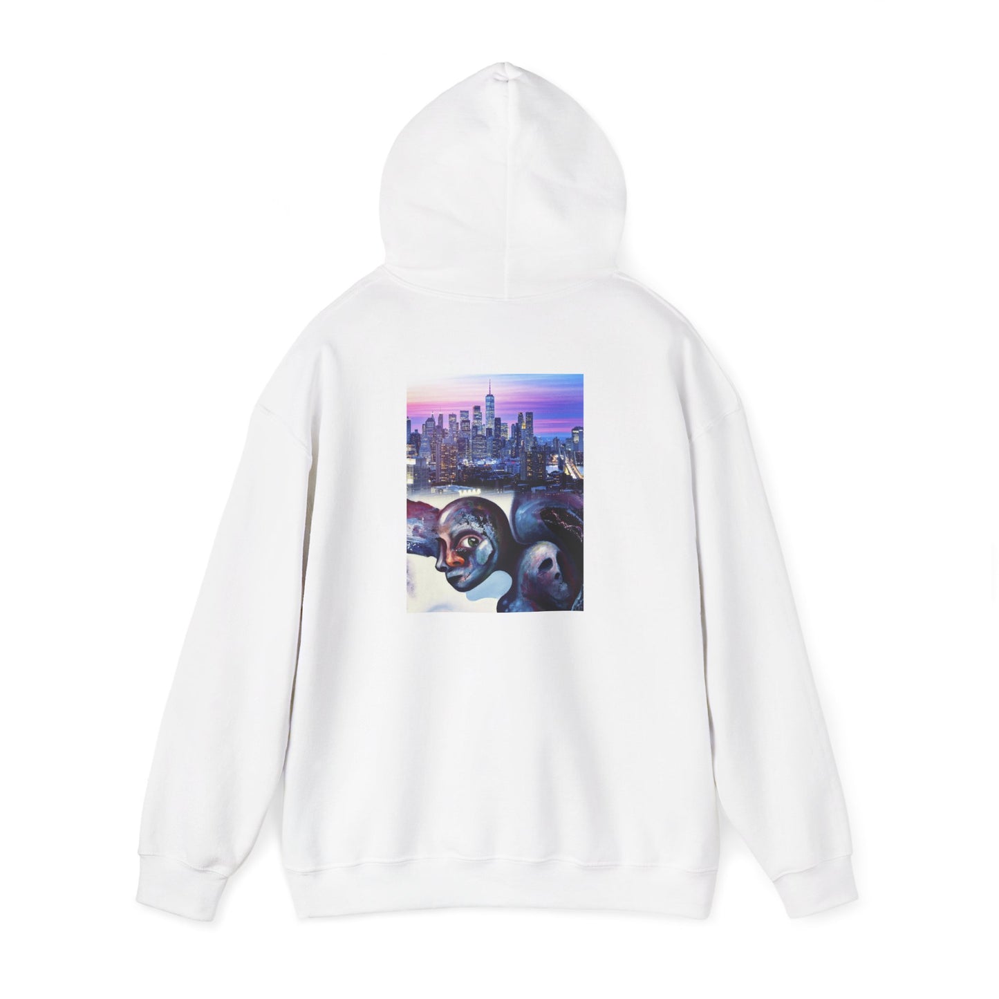 AMRU Minimal Front Logo Hoodie with Surreal Cityscape Back Graphic