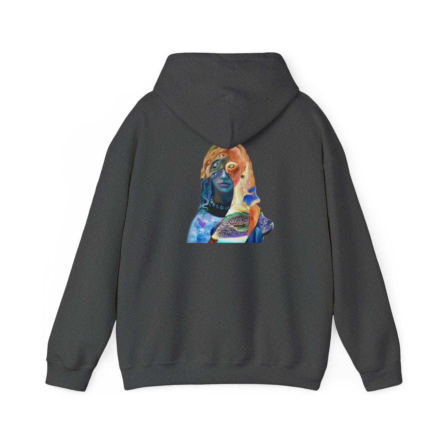 Surreal Portrait Hoodie — 'AMRU' Minimal Front, Colorful Cosmic Back Art