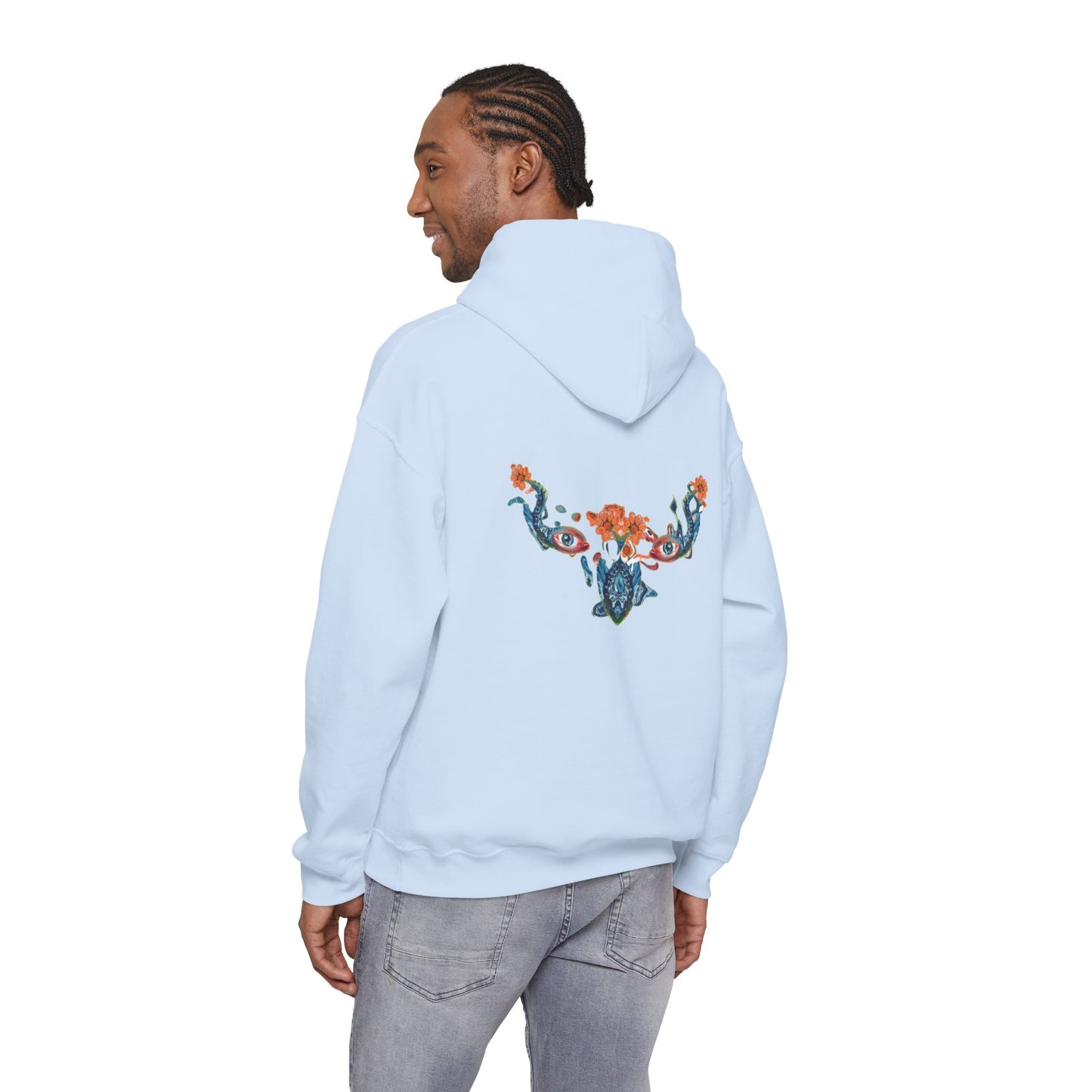 Floral Vine AMRU Hoodie — Minimal Logo Front, Embroidered Floral Back Sweatshirt