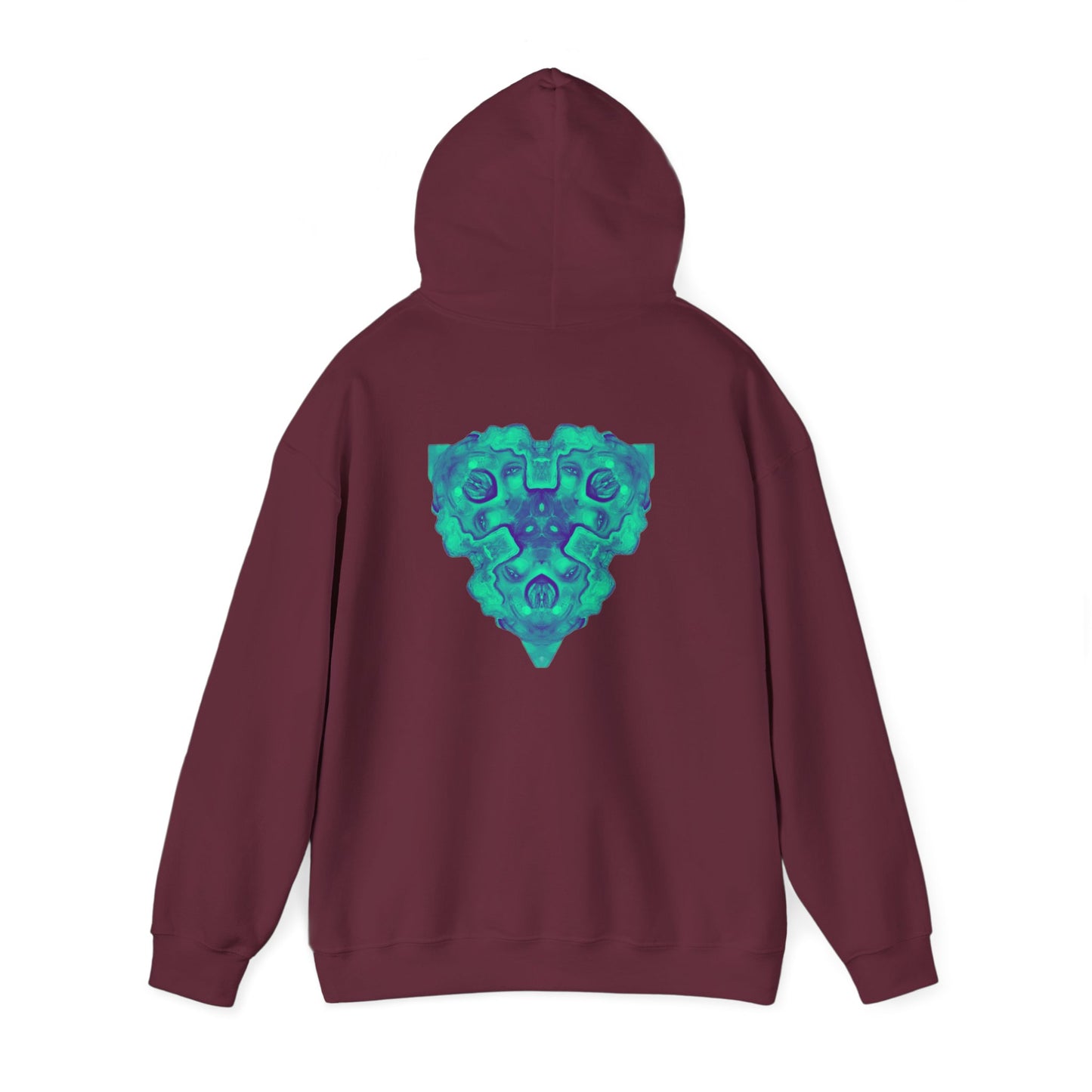 AMRU Minimal Logo Hoodie — Geometric Teal Mandala Back Graphic