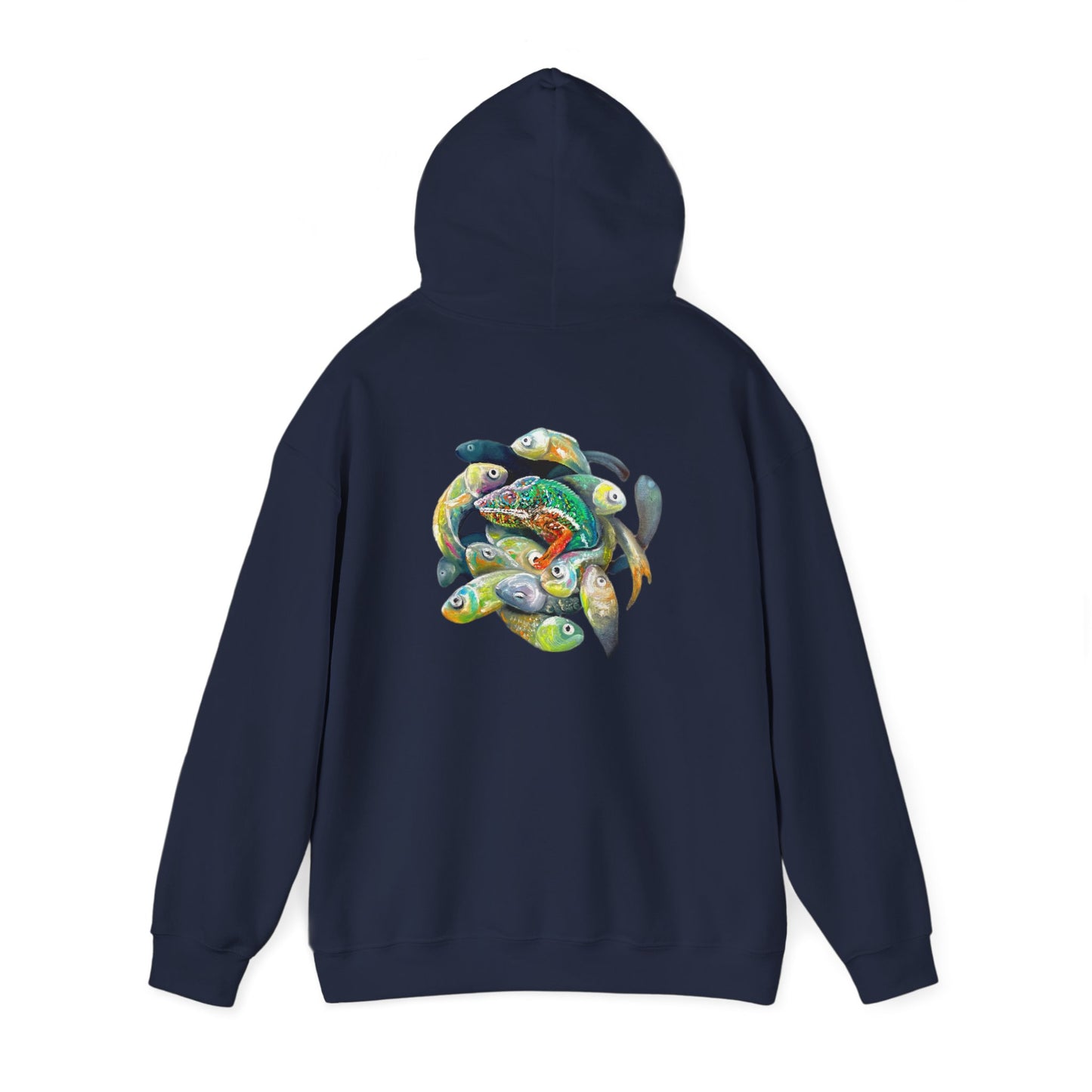 Fish Ring Hoodie – AMRU Minimal Front Logo Pullover with Colorful Koi Back Art