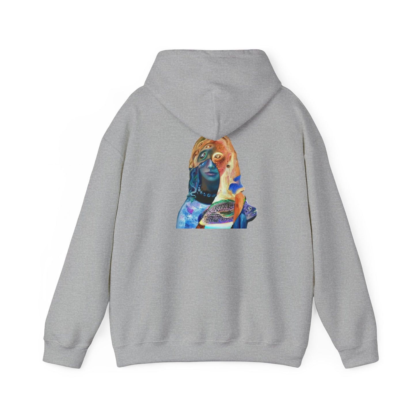 Surreal Portrait Hoodie — 'AMRU' Minimal Front, Colorful Cosmic Back Art