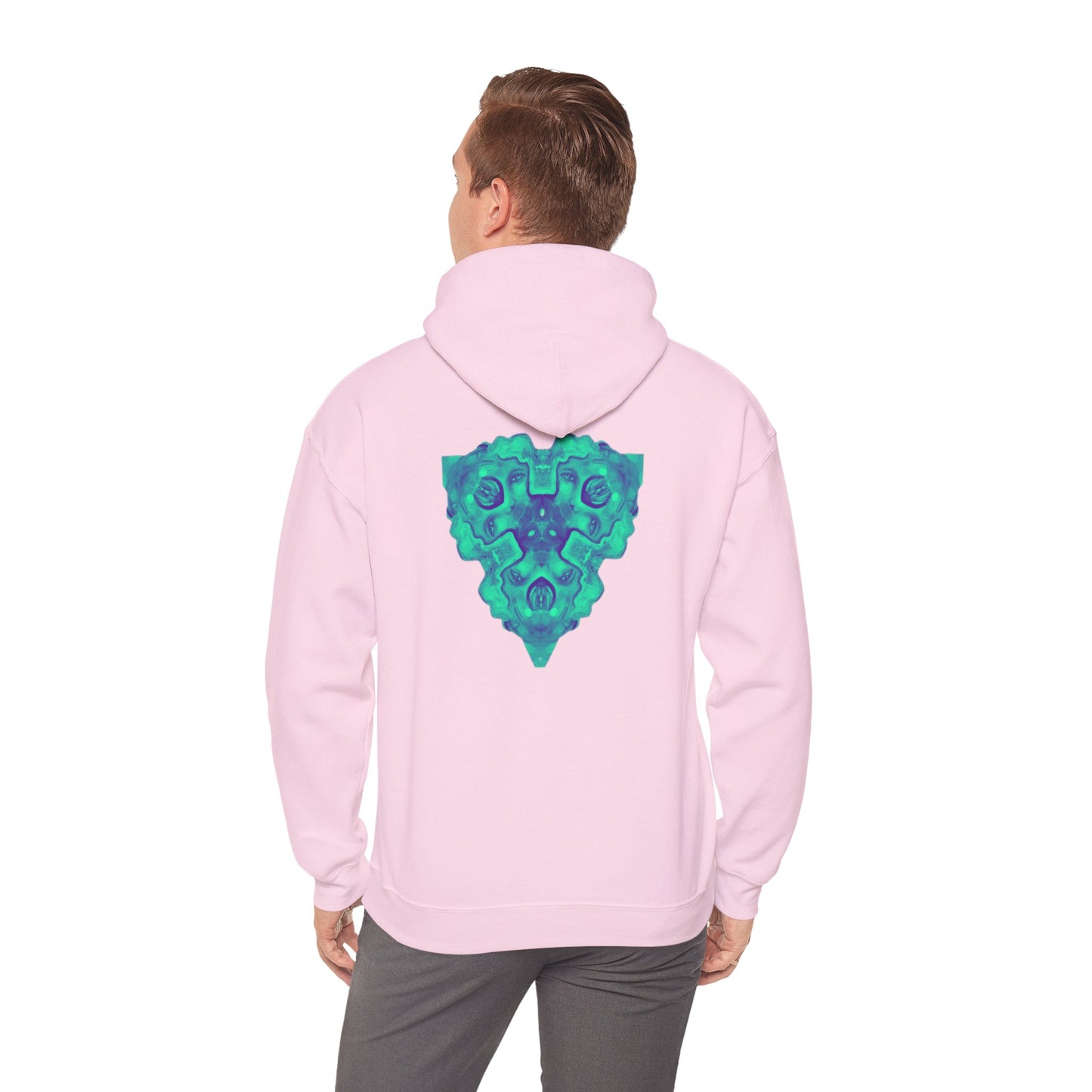 AMRU Minimal Logo Hoodie — Geometric Teal Mandala Back Graphic