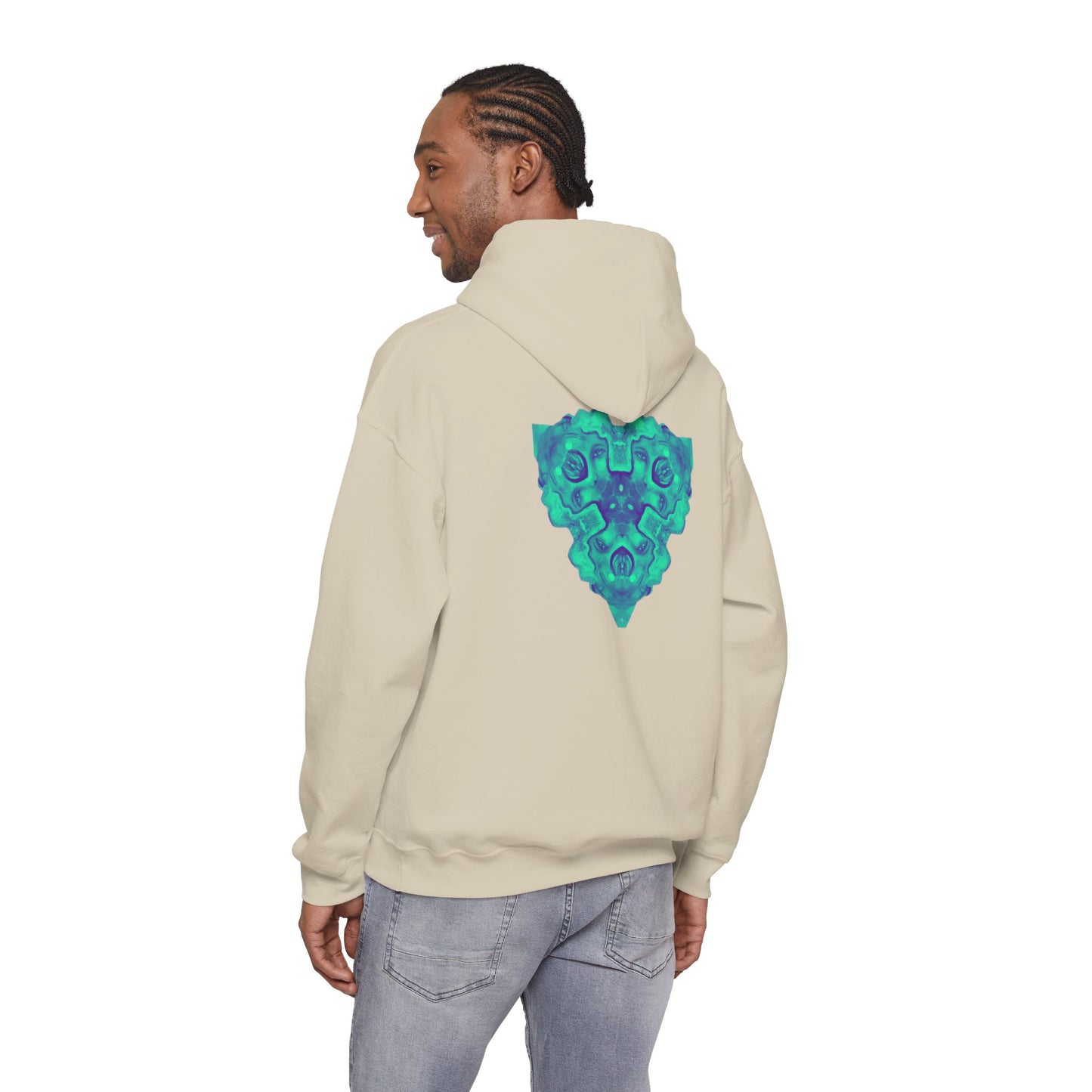 AMRU Minimal Logo Hoodie — Geometric Teal Mandala Back Graphic
