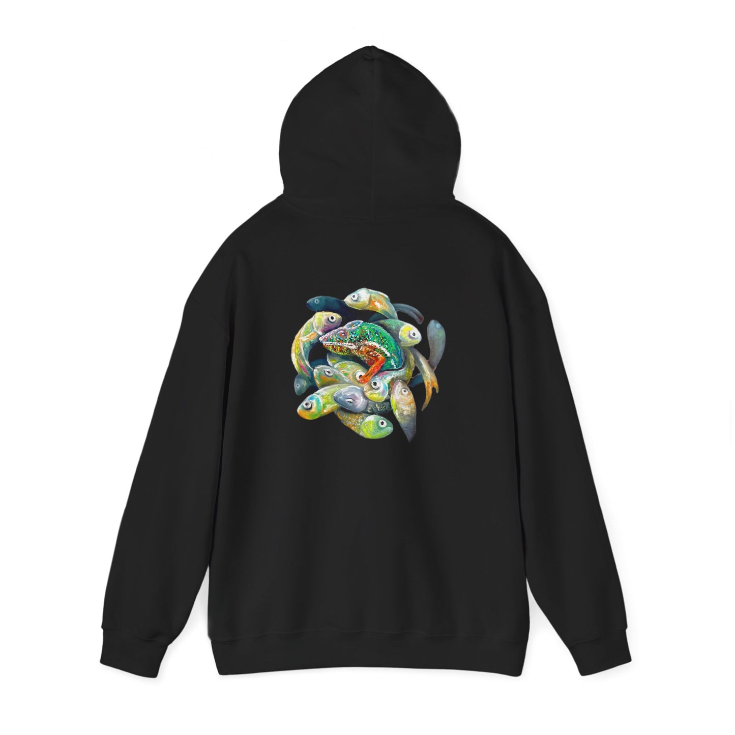 Fish Ring Hoodie – AMRU Minimal Front Logo Pullover with Colorful Koi Back Art