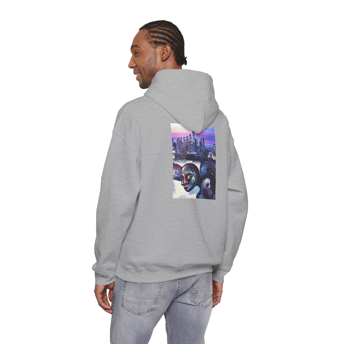 AMRU Minimal Front Logo Hoodie with Surreal Cityscape Back Graphic