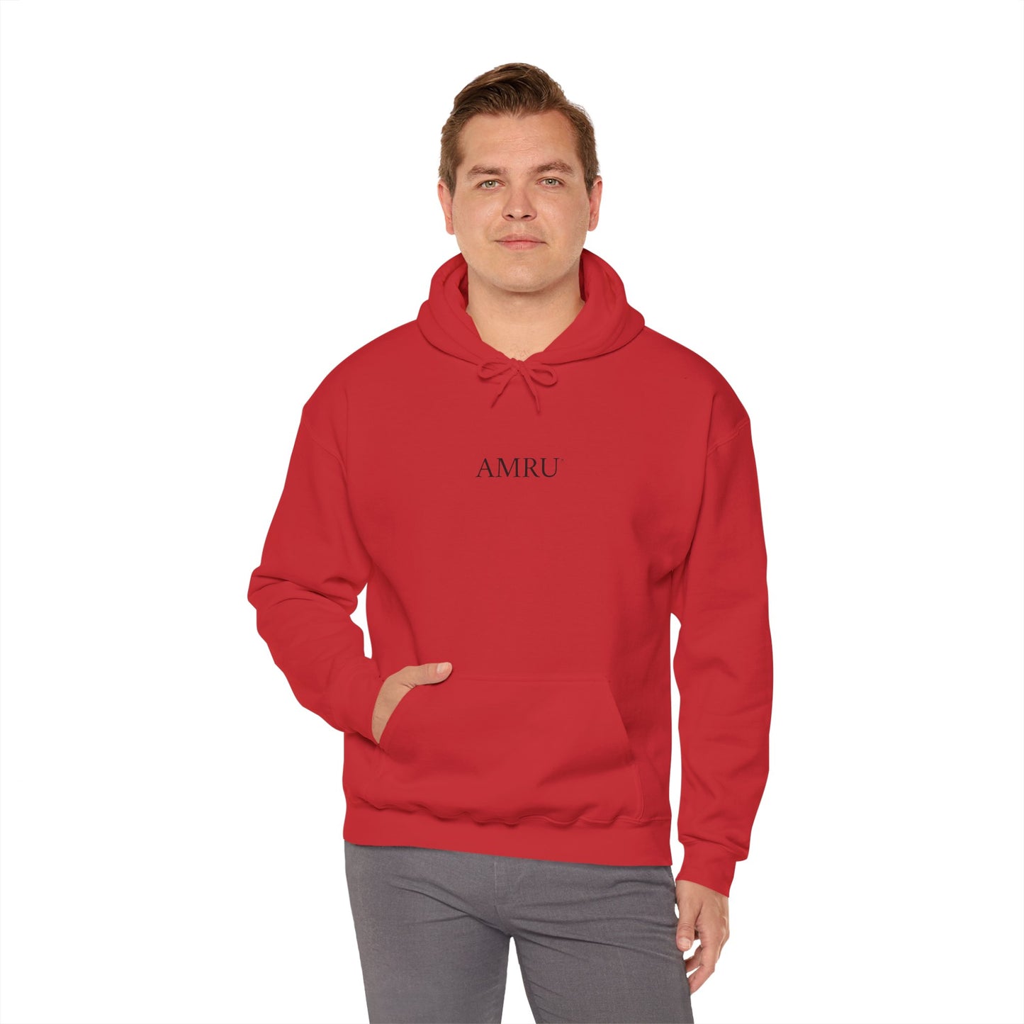 Hoodie — AMRU Minimal Front Logo & Colorful Abstract Back Art