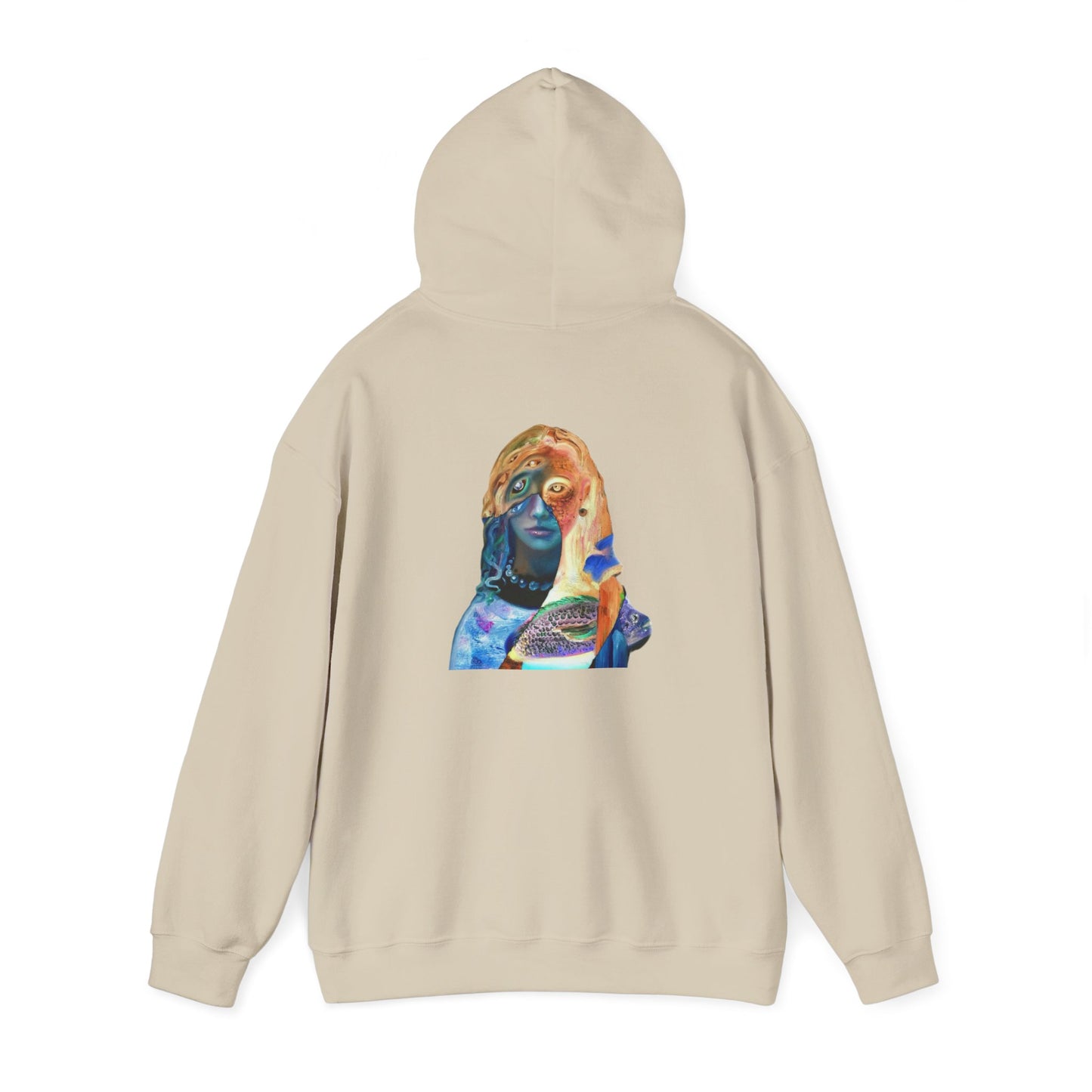 Surreal Portrait Hoodie — 'AMRU' Minimal Front, Colorful Cosmic Back Art