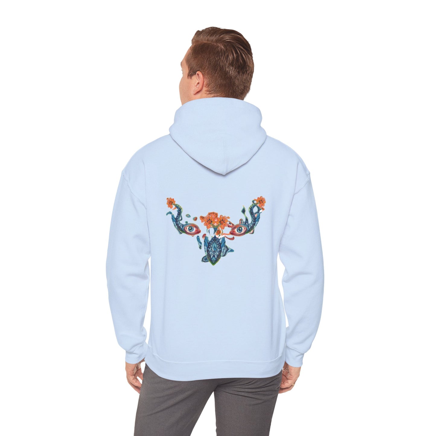 Floral Vine AMRU Hoodie — Minimal Logo Front, Embroidered Floral Back Sweatshirt