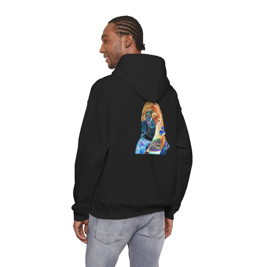 Surreal Portrait Hoodie — 'AMRU' Minimal Front, Colorful Cosmic Back Art