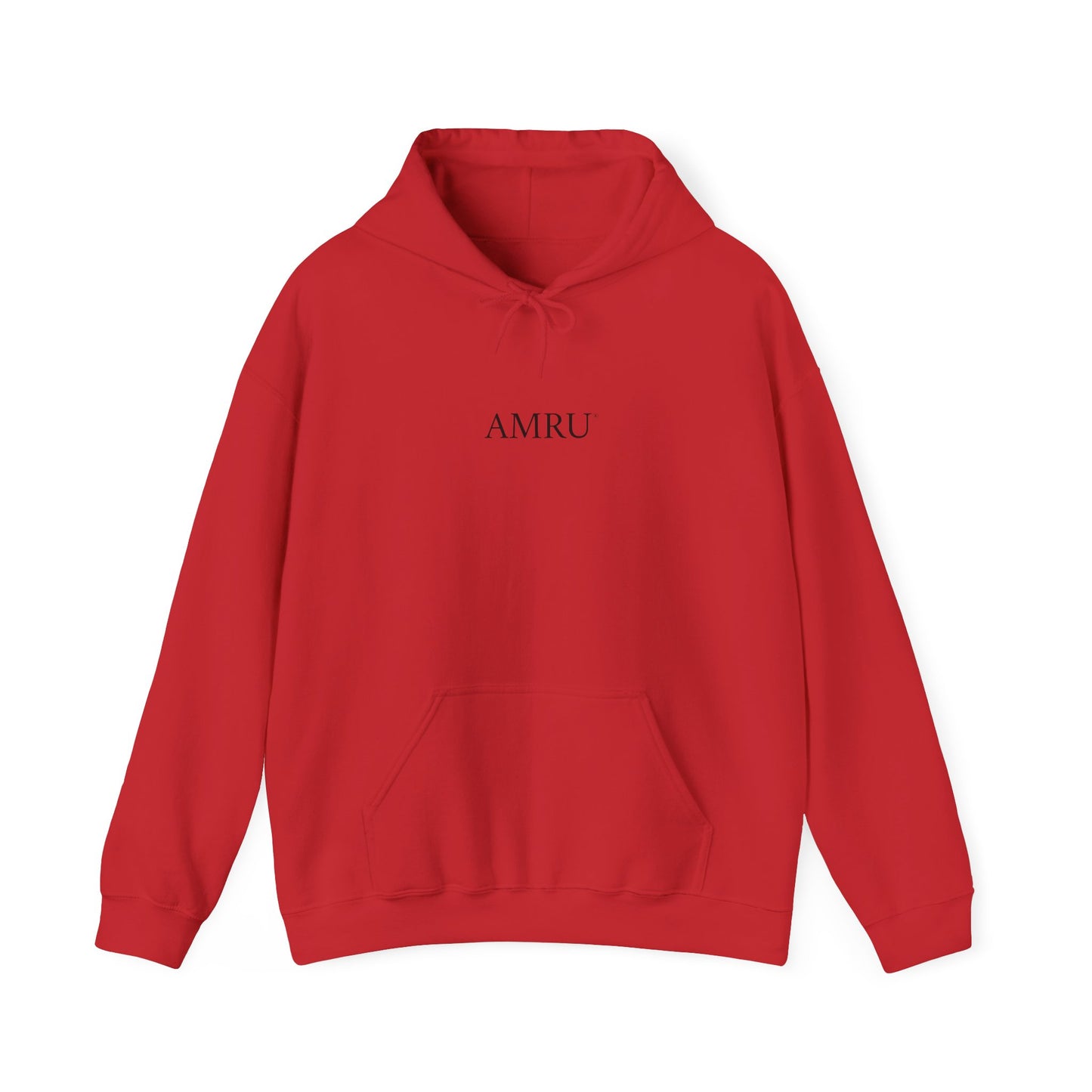 AMRU Minimal Front Logo Hoodie with Surreal Cityscape Back Graphic