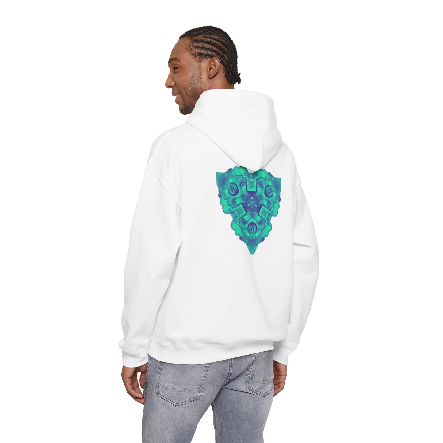 AMRU Minimal Logo Hoodie — Geometric Teal Mandala Back Graphic