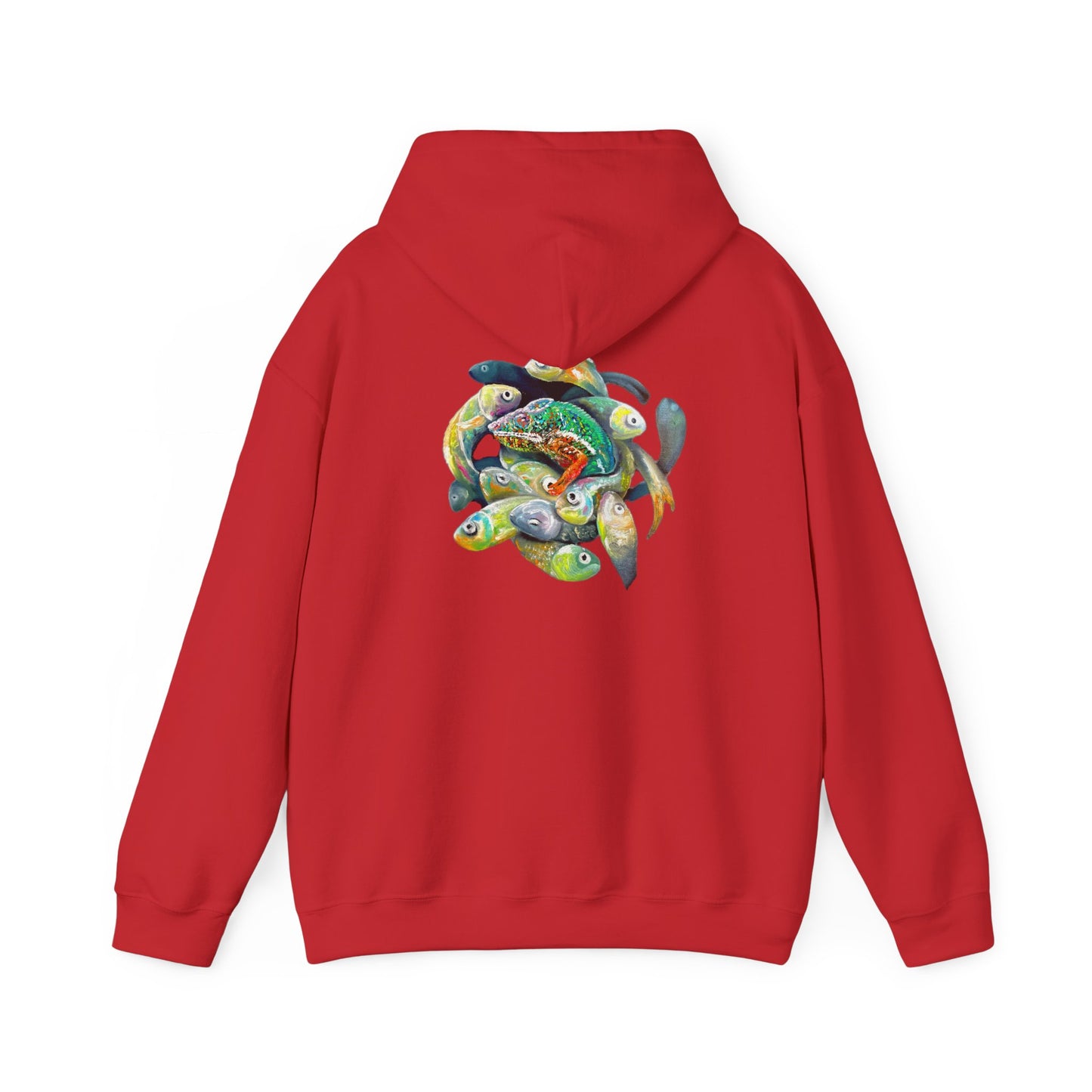 Fish Ring Hoodie – AMRU Minimal Front Logo Pullover with Colorful Koi Back Art