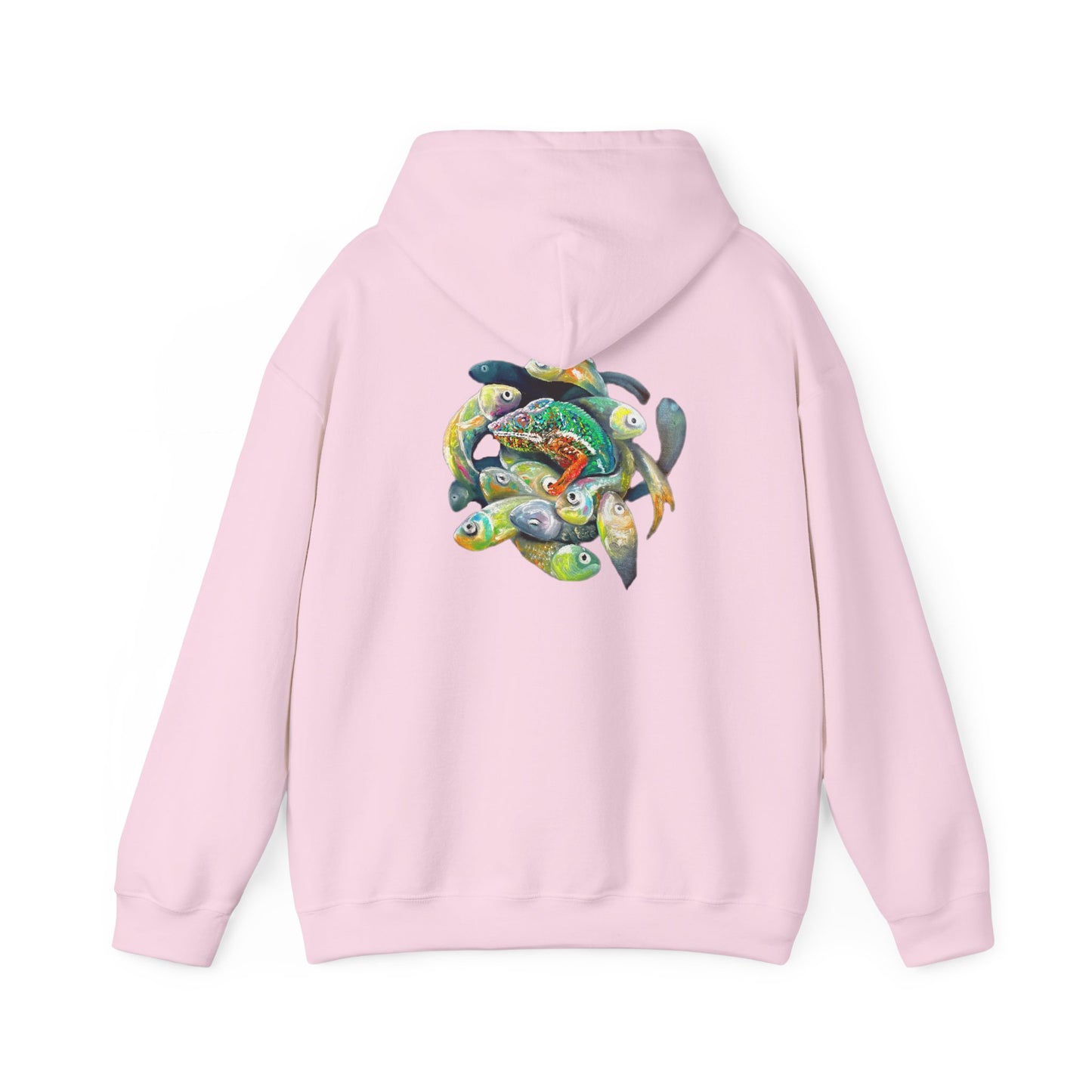 Fish Ring Hoodie – AMRU Minimal Front Logo Pullover with Colorful Koi Back Art