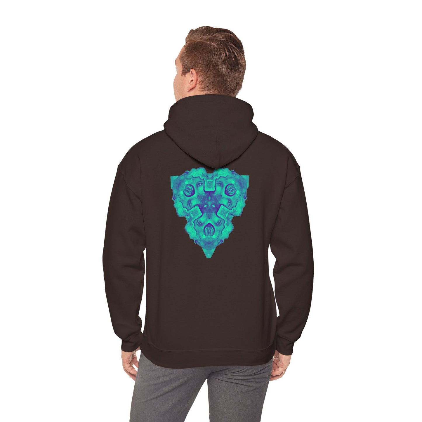 AMRU Minimal Logo Hoodie — Geometric Teal Mandala Back Graphic