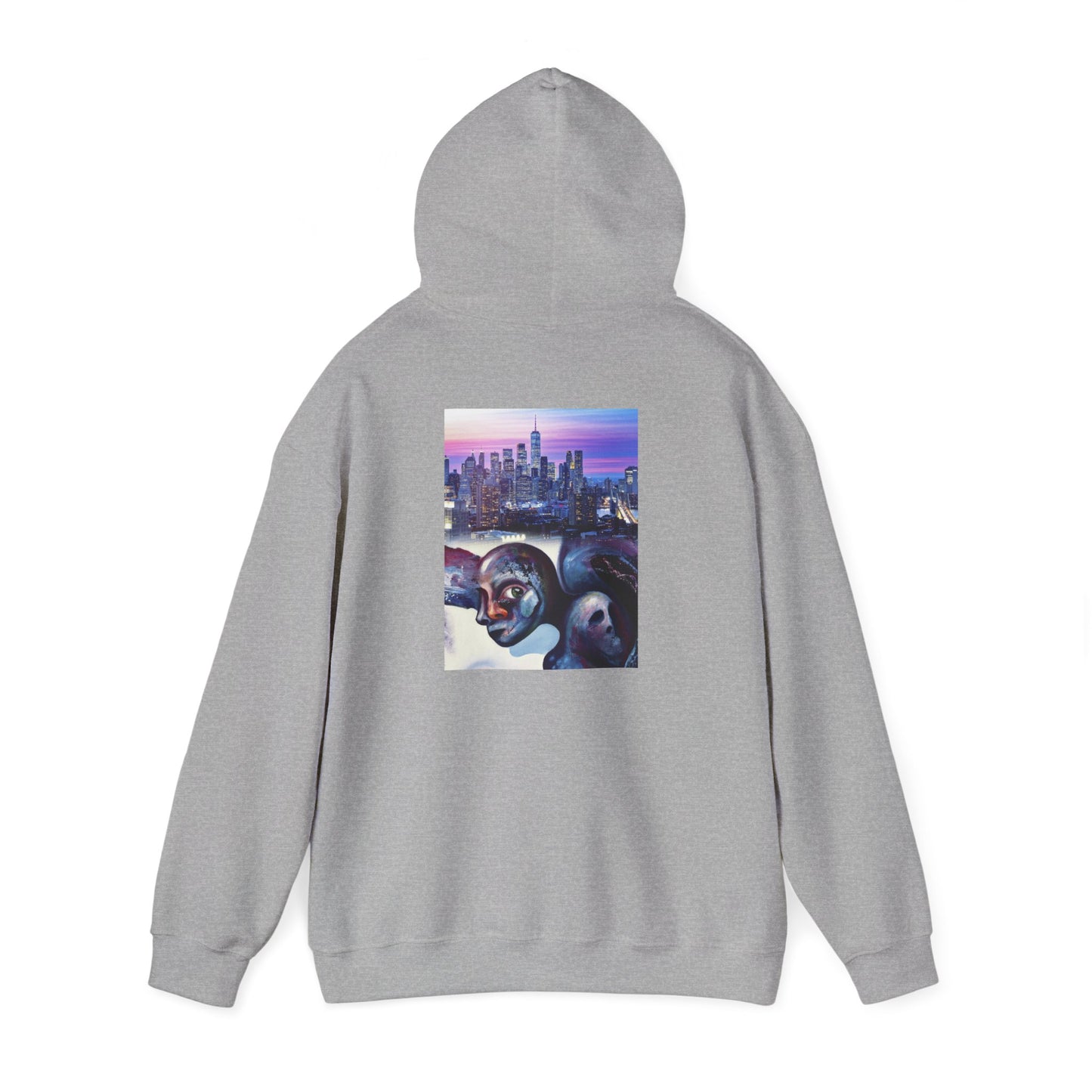 AMRU Minimal Front Logo Hoodie with Surreal Cityscape Back Graphic