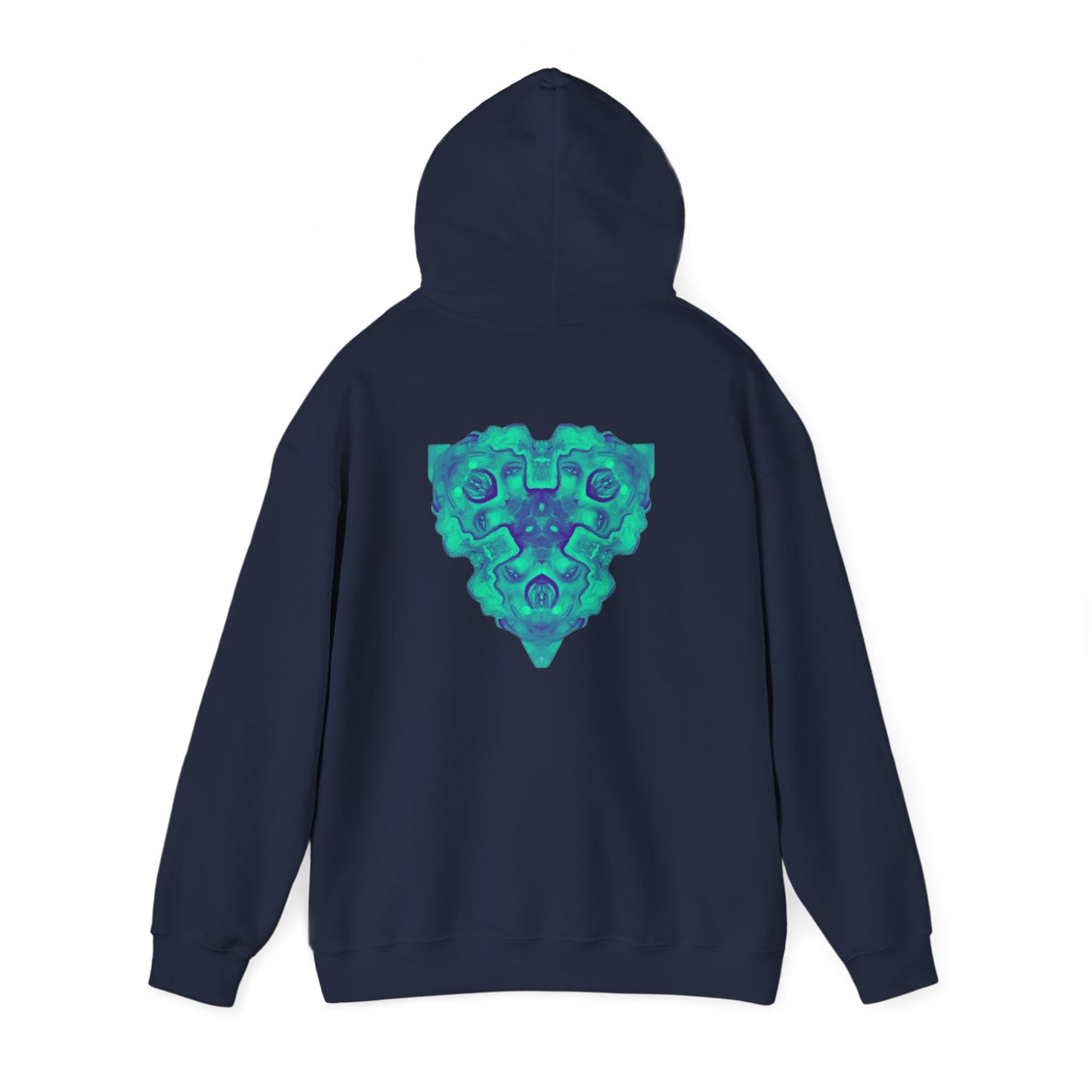 AMRU Minimal Logo Hoodie — Geometric Teal Mandala Back Graphic