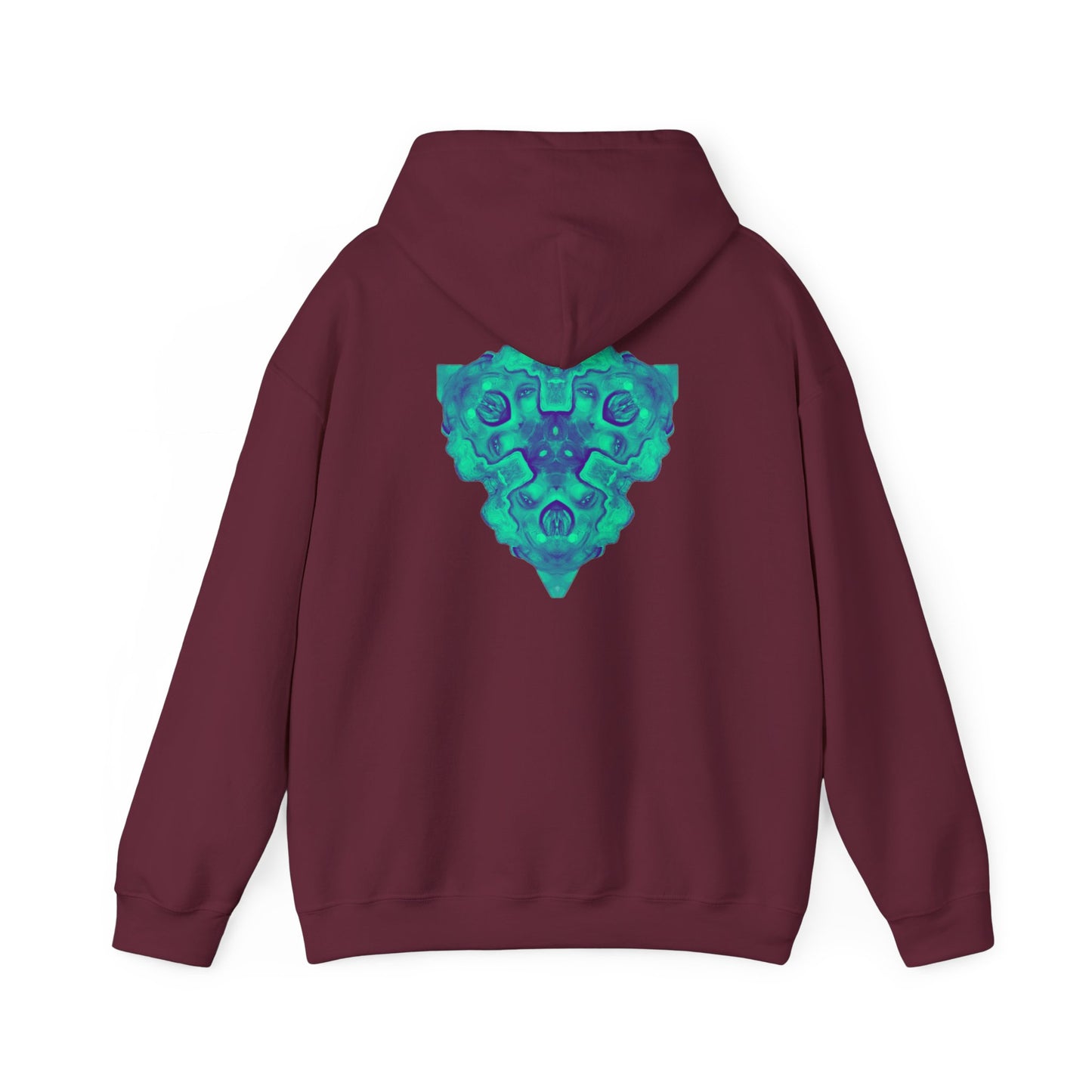 AMRU Minimal Logo Hoodie — Geometric Teal Mandala Back Graphic