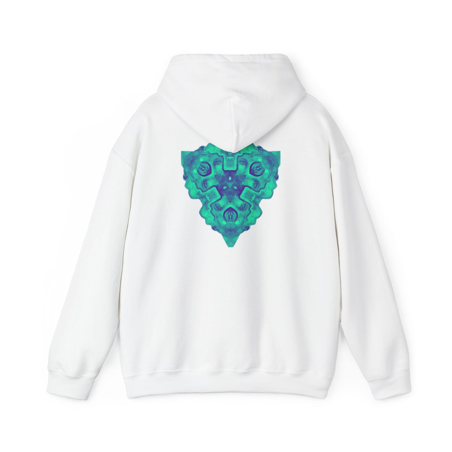 AMRU Minimal Logo Hoodie — Geometric Teal Mandala Back Graphic