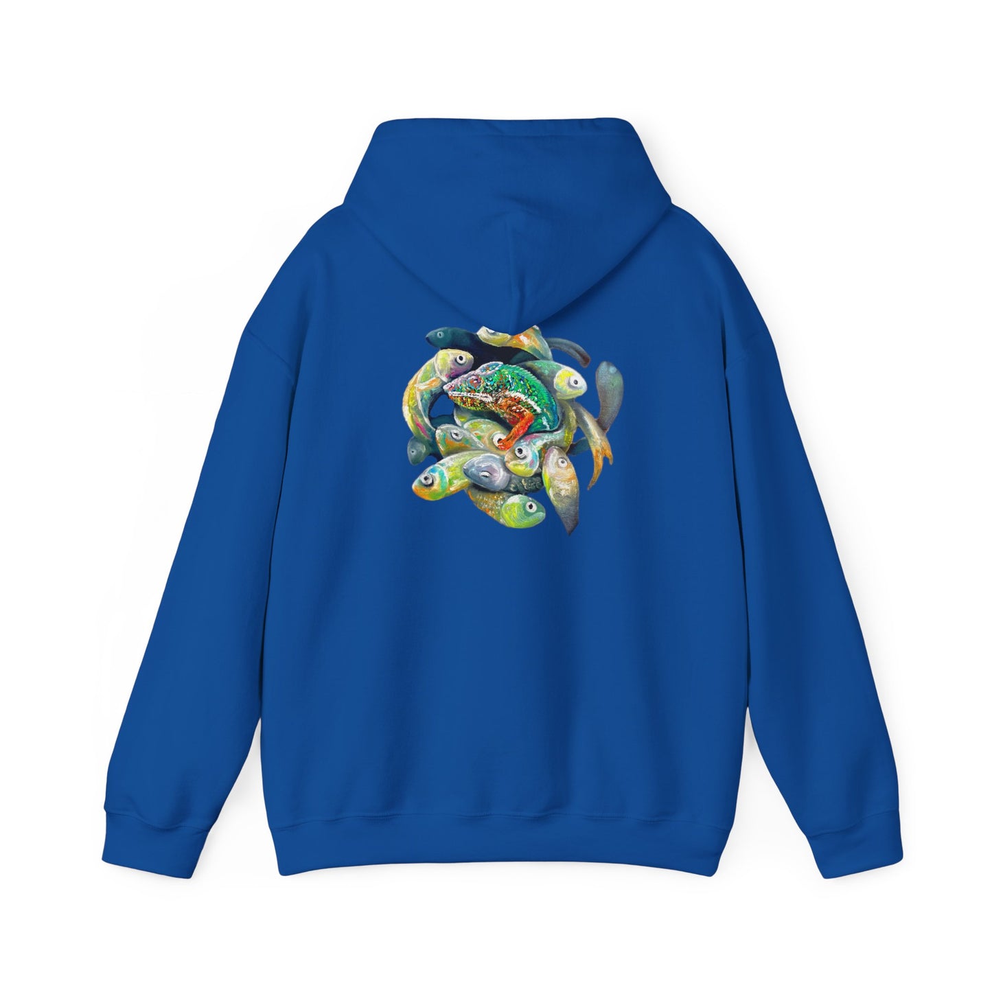Fish Ring Hoodie – AMRU Minimal Front Logo Pullover with Colorful Koi Back Art