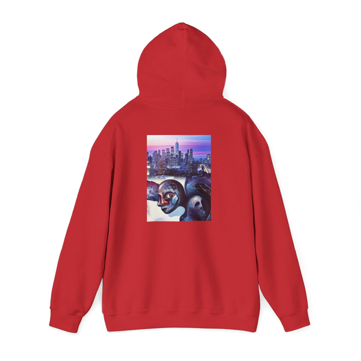 AMRU Minimal Front Logo Hoodie with Surreal Cityscape Back Graphic