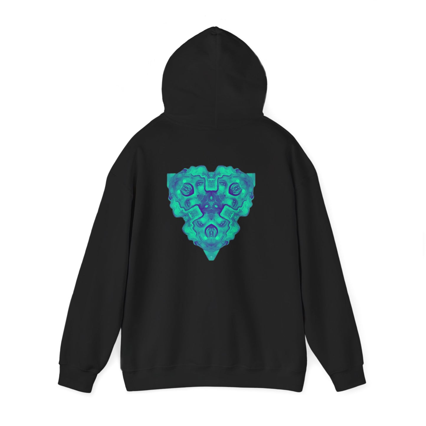 AMRU Minimal Logo Hoodie — Geometric Teal Mandala Back Graphic