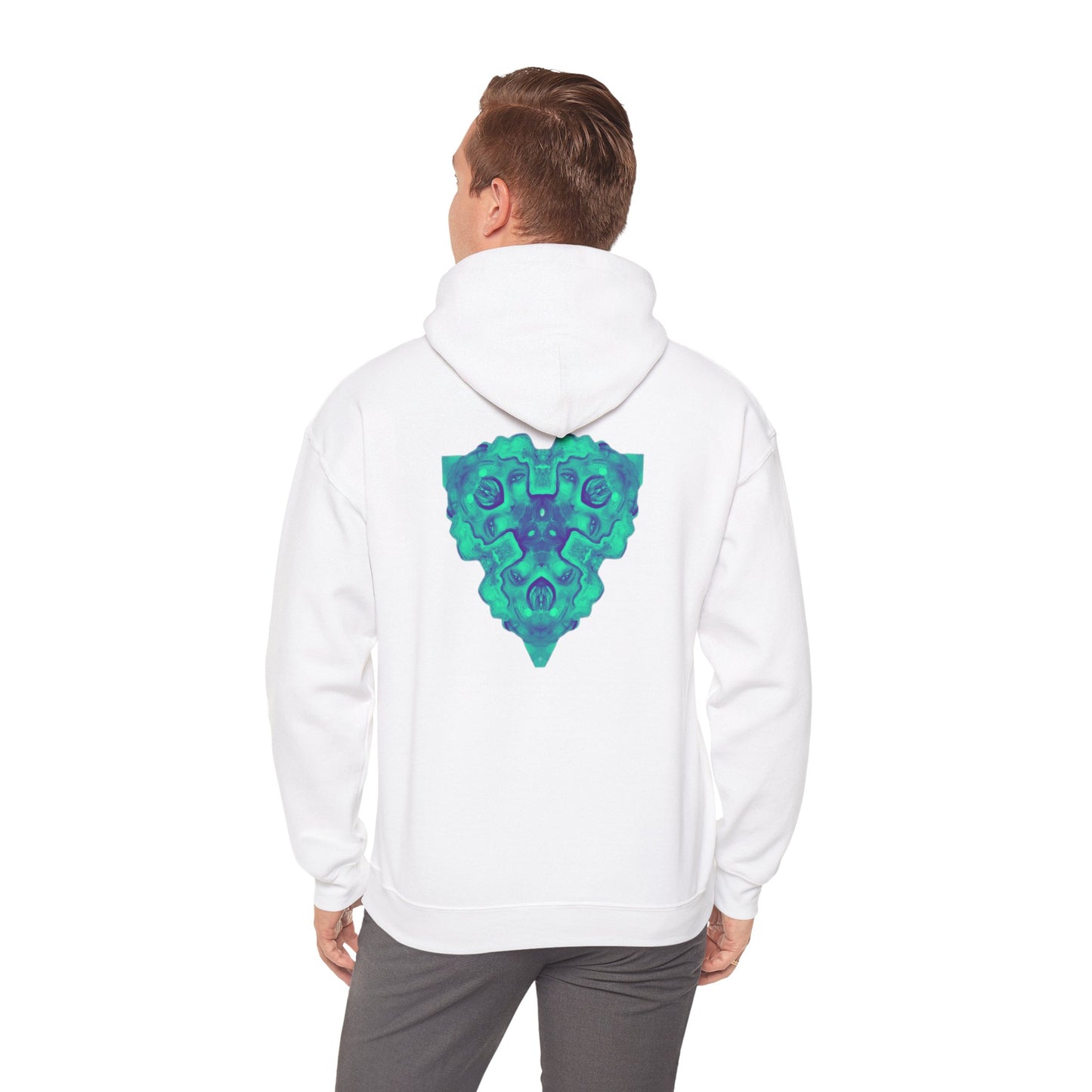 AMRU Minimal Logo Hoodie — Geometric Teal Mandala Back Graphic