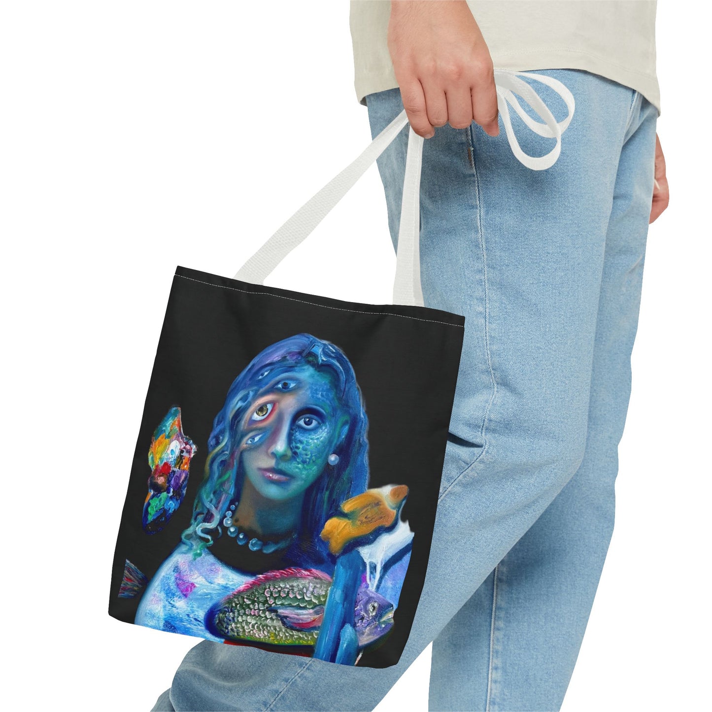 Psychedelic Mermaid Tote Bag – Surreal Three-Eyed Ocean Portrait All-Over Print