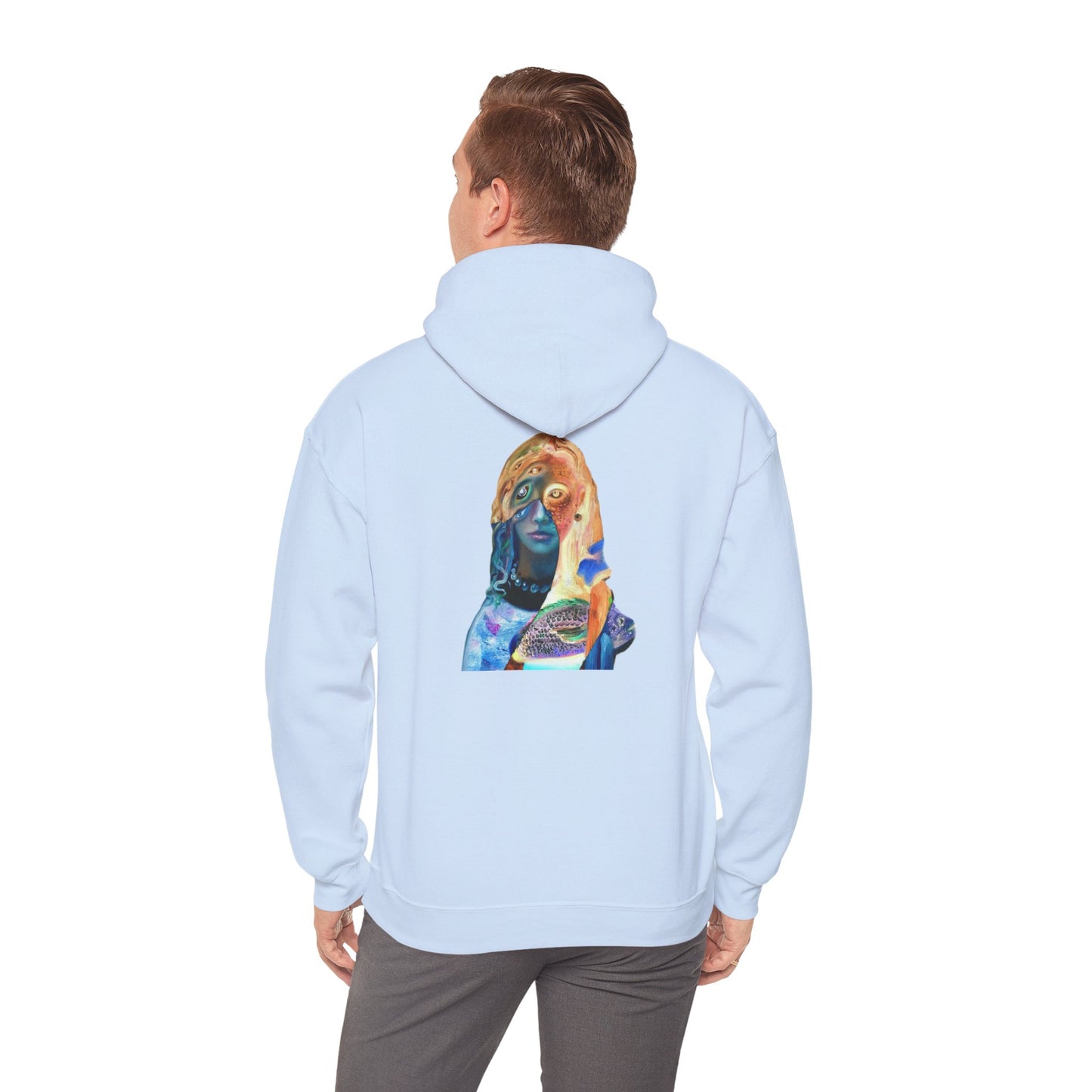 Surreal Portrait Hoodie — 'AMRU' Minimal Front, Colorful Cosmic Back Art