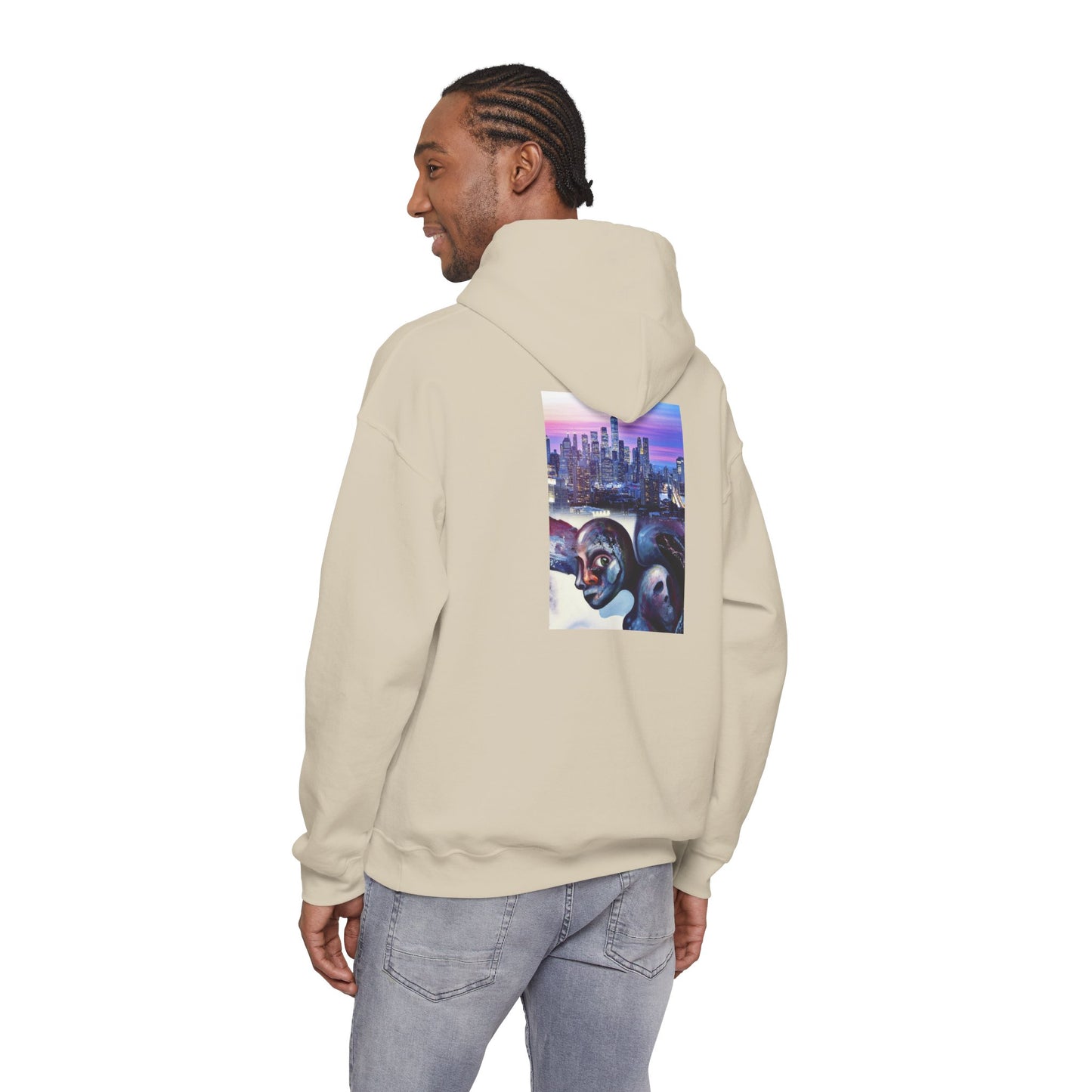 AMRU Minimal Front Logo Hoodie with Surreal Cityscape Back Graphic