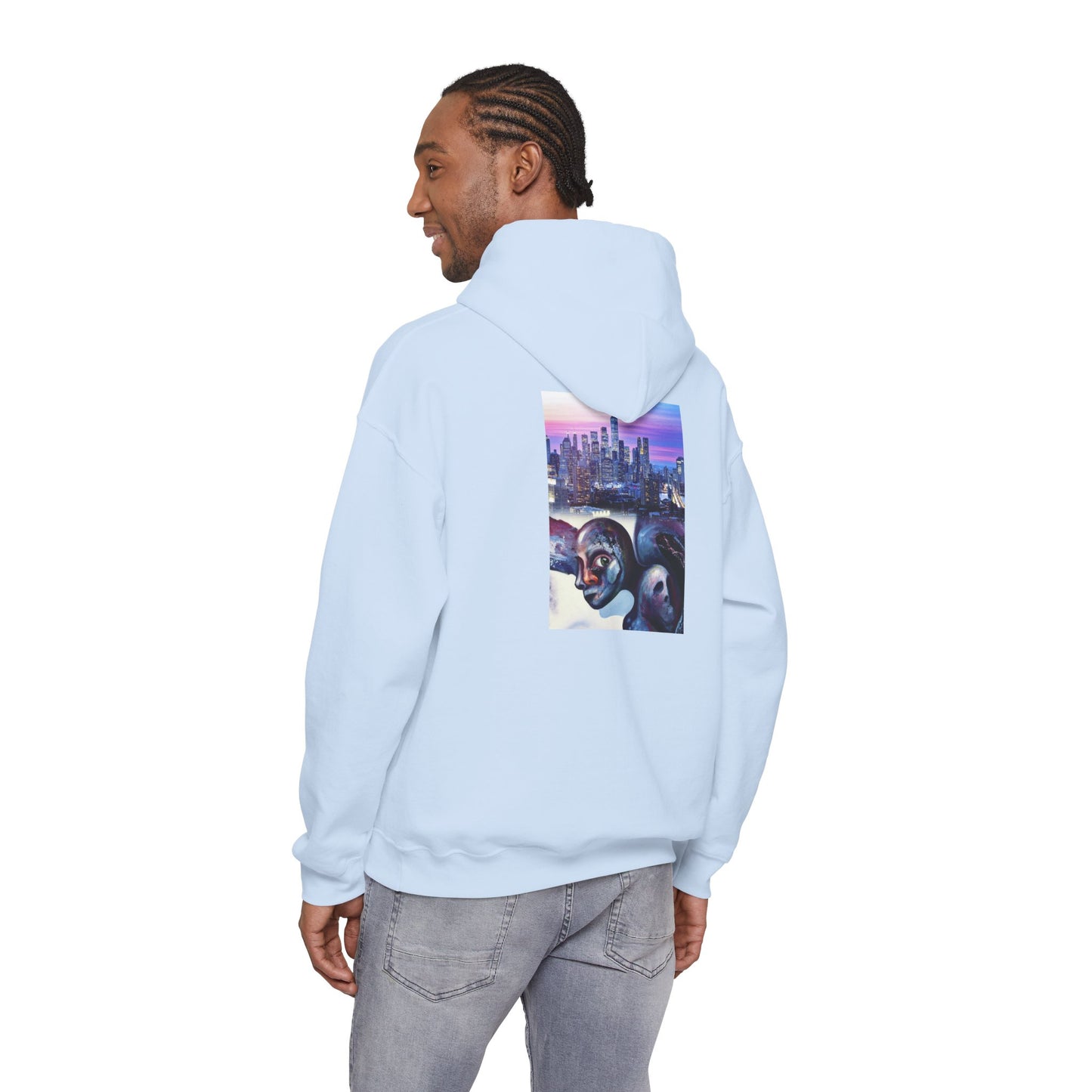 AMRU Minimal Front Logo Hoodie with Surreal Cityscape Back Graphic